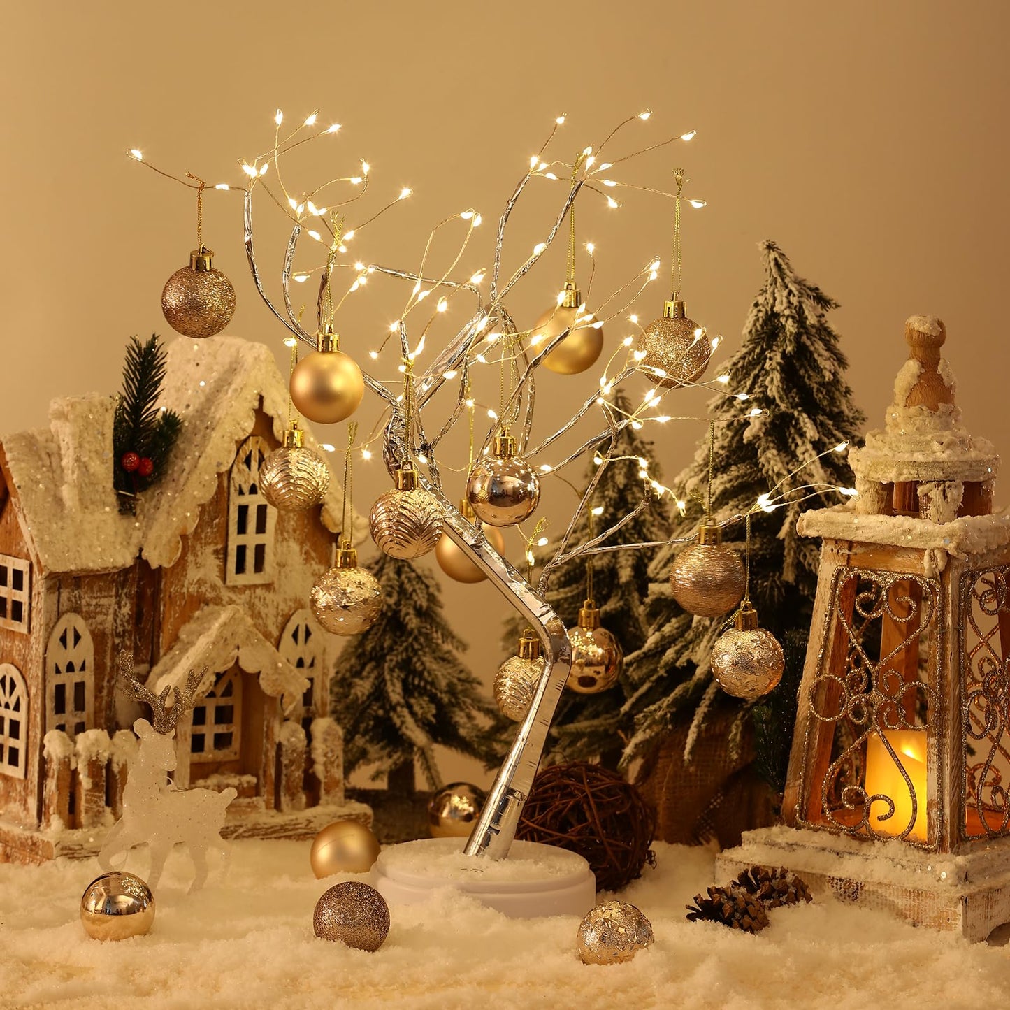 34ct Champagne Mini Christmas Ball Ornaments Shatterproof Plastic Christmas Tree Decorations for Xmas Party Home Office Holiday Decor -Small Size (1.57"/ 40mm)