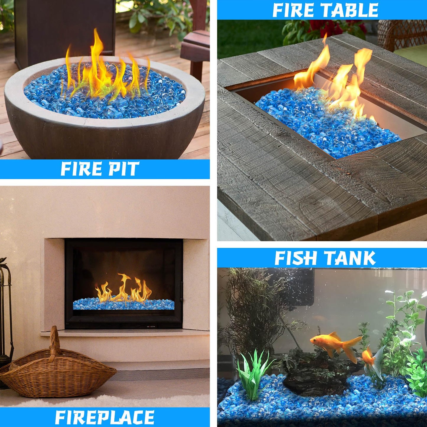 vchin Fire Glass for Propane Firepit, Fireplace and Outdoor Decorative, Caribbean Blue Fire Pit Rocks 10LB, 1 Inch Diamond High Luster Glass Beads
