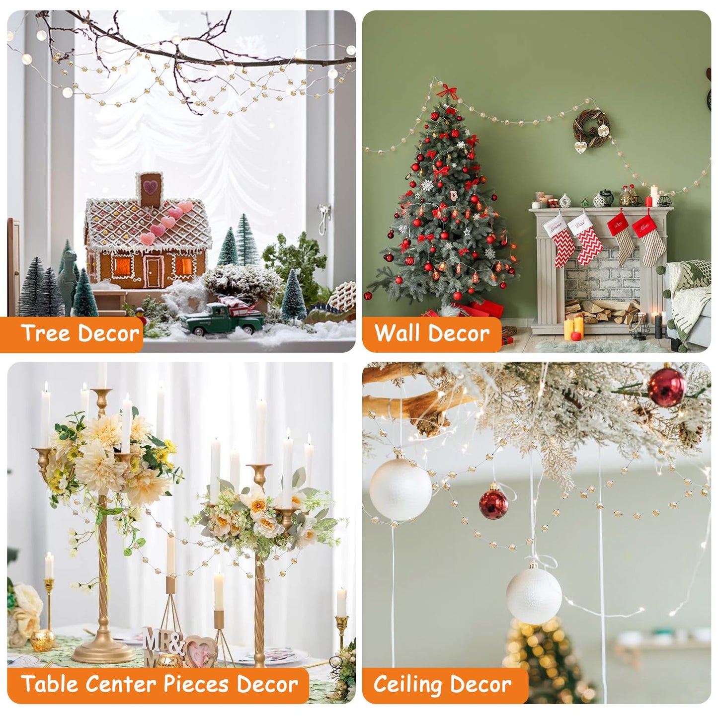 LEFERS 9.8Ft Crystal Glass Balls Christmas Garland,48 Beads 16mm Faceted Prism Beads Strands Hanging Ornament Decoration for Christmas Tree Centerpieces Wedding Party (Gold)