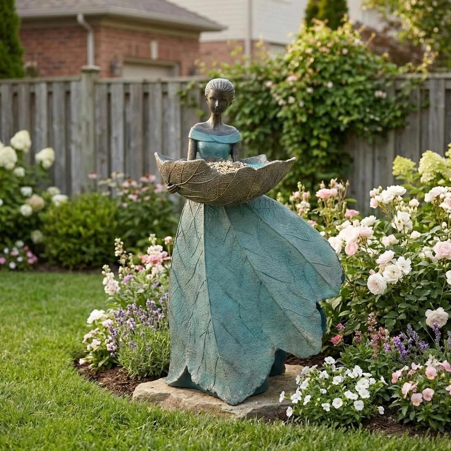 DiliComing Fairy Garden Statues Bird Feeder - 12 Inch Resin Fairy Statue for Outdoor Garden Decor, Outdoor Statues for Patio Yard Flower Beds, Gifts for Women (Green)