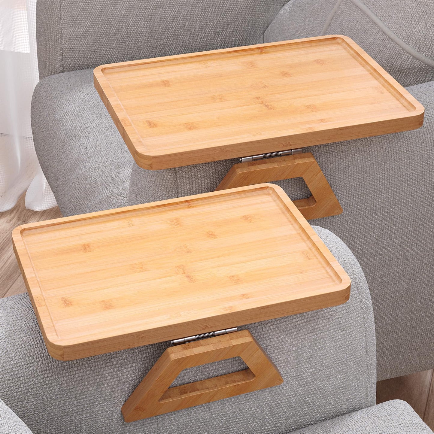 Danfoxer 2 Pack Couch Arm Tray,Bamboo Folding Sofa Tray,Sofa Armrest Trays Clip-On Couch Desk for Drinks,Snacks,Phone,Remote Control（Natural）