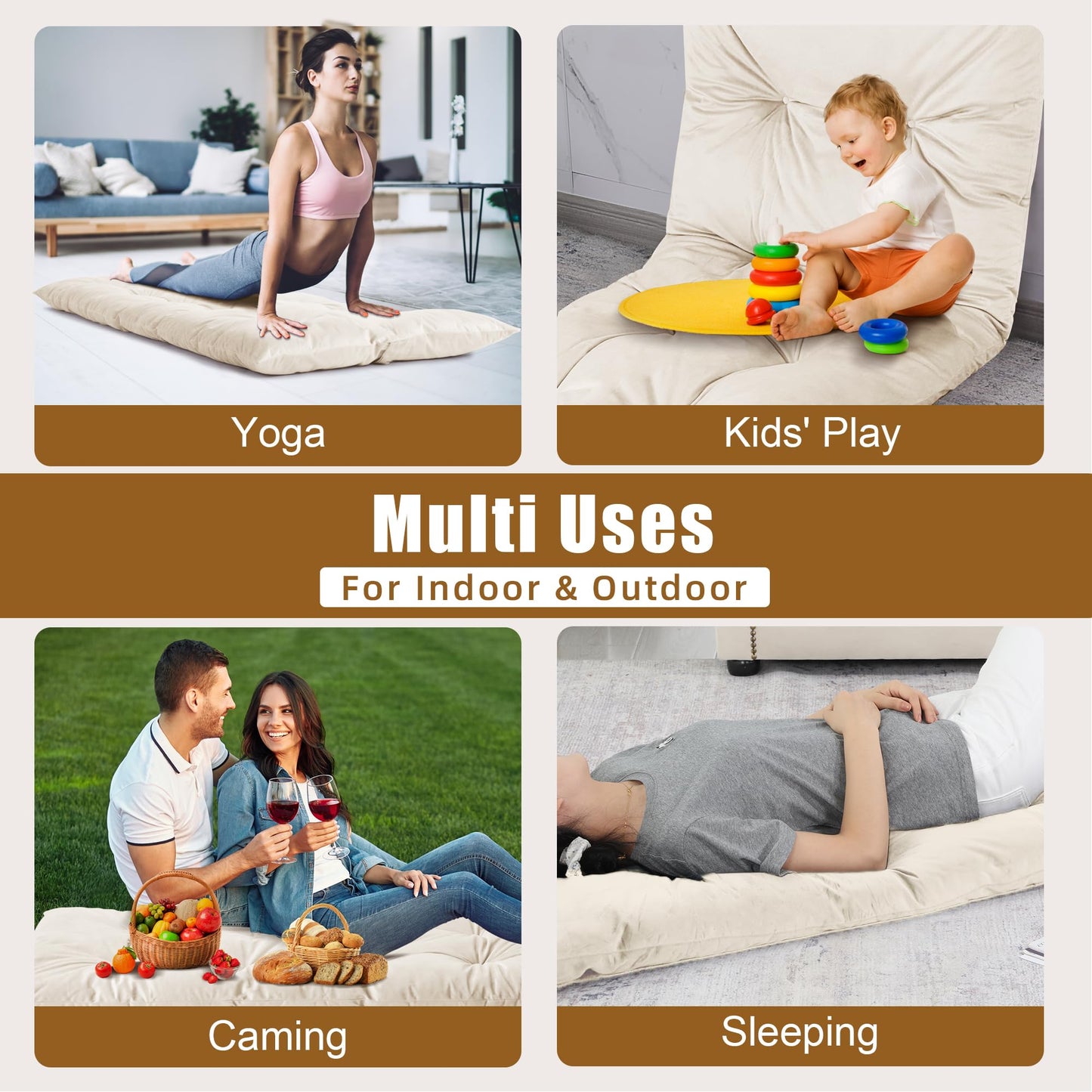 HOMBYS Floor Lounger Pillow Foldable and Tufted Design Long Floor Cushion for Yoga, Reading, Sleeping, Meditation, Elastic Band for Roll Up and Easy Storage, Machine Washable (Beige, 62"x27")