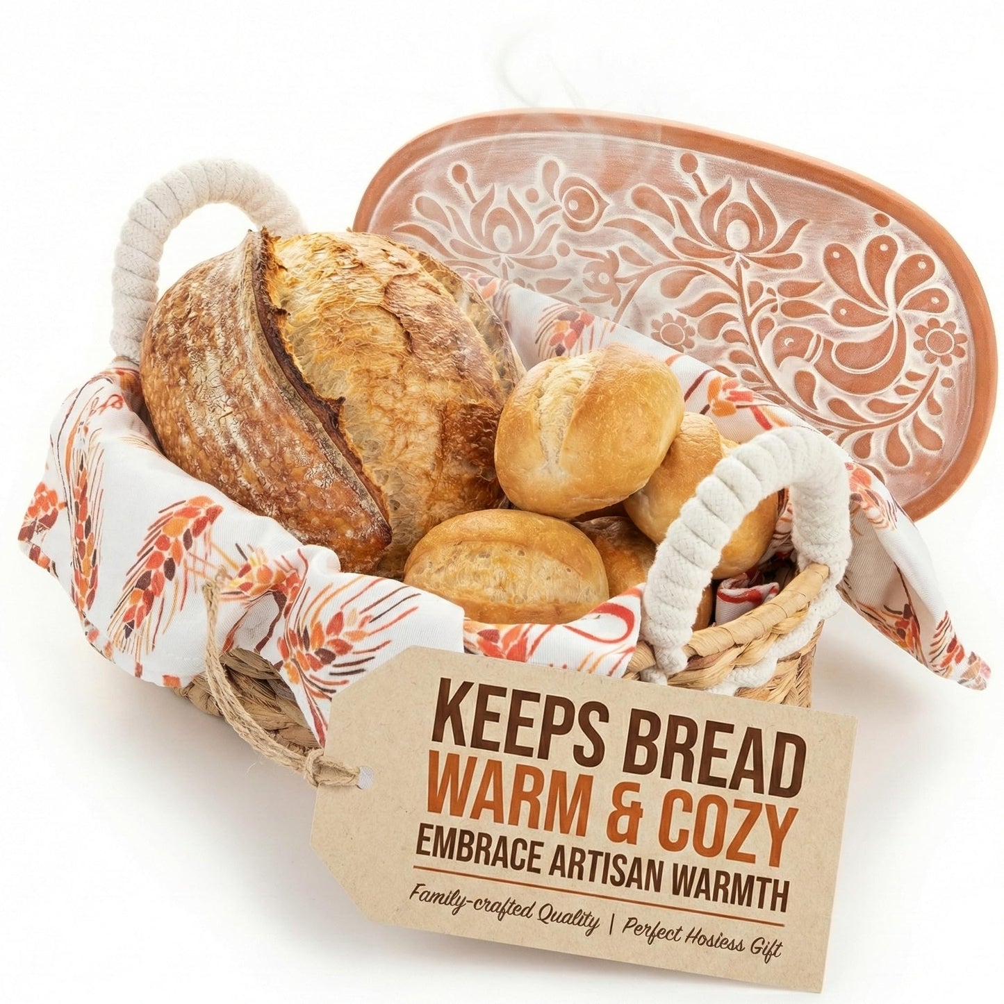 Vivi's Bread Warmer Basket with Stone | and Cotton Towel | for Sourdough Bakers | Water Hyacinth Bread Baskets for Serving | Artisan Terracotta Bun Warmer | Easter Hostess Gift
