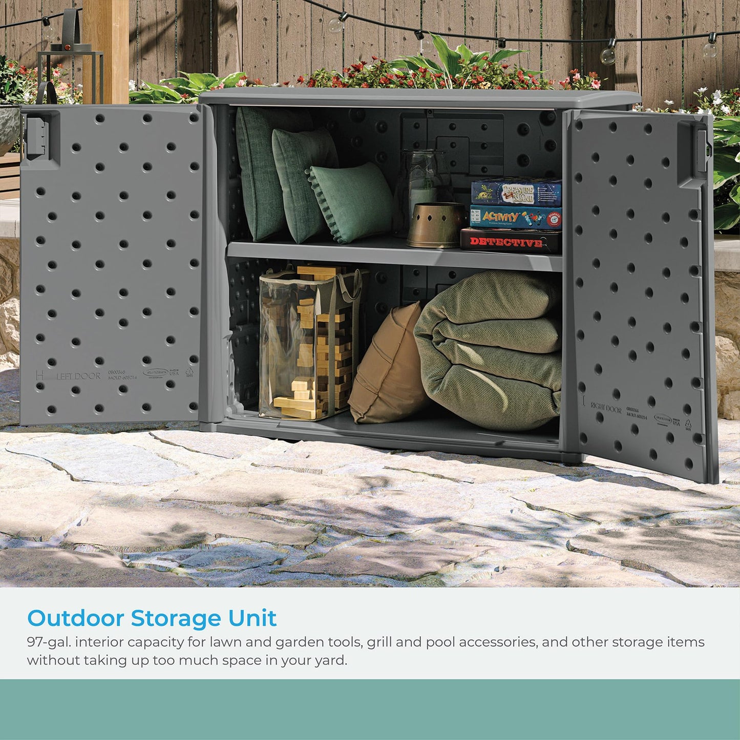 Suncast Resin Outdoor Storage Cabinet, Cool Gray Wicker Resin Outdoor Cabinet, Weatherproof, Lockable Outside Storage for Patio, Deck, Balcony, Porch, Backyard, or Garden, Made in the USA
