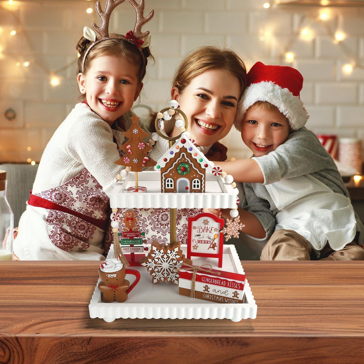 Gingerbread Christmas Decorations 8 PCS Tiered Tray Decor Set, Cute Tabletop Christmas Decor for Home Shelf Mantel Coffee Bar Office Xmas Table Centerpieces Tray Objects Holiday Baking