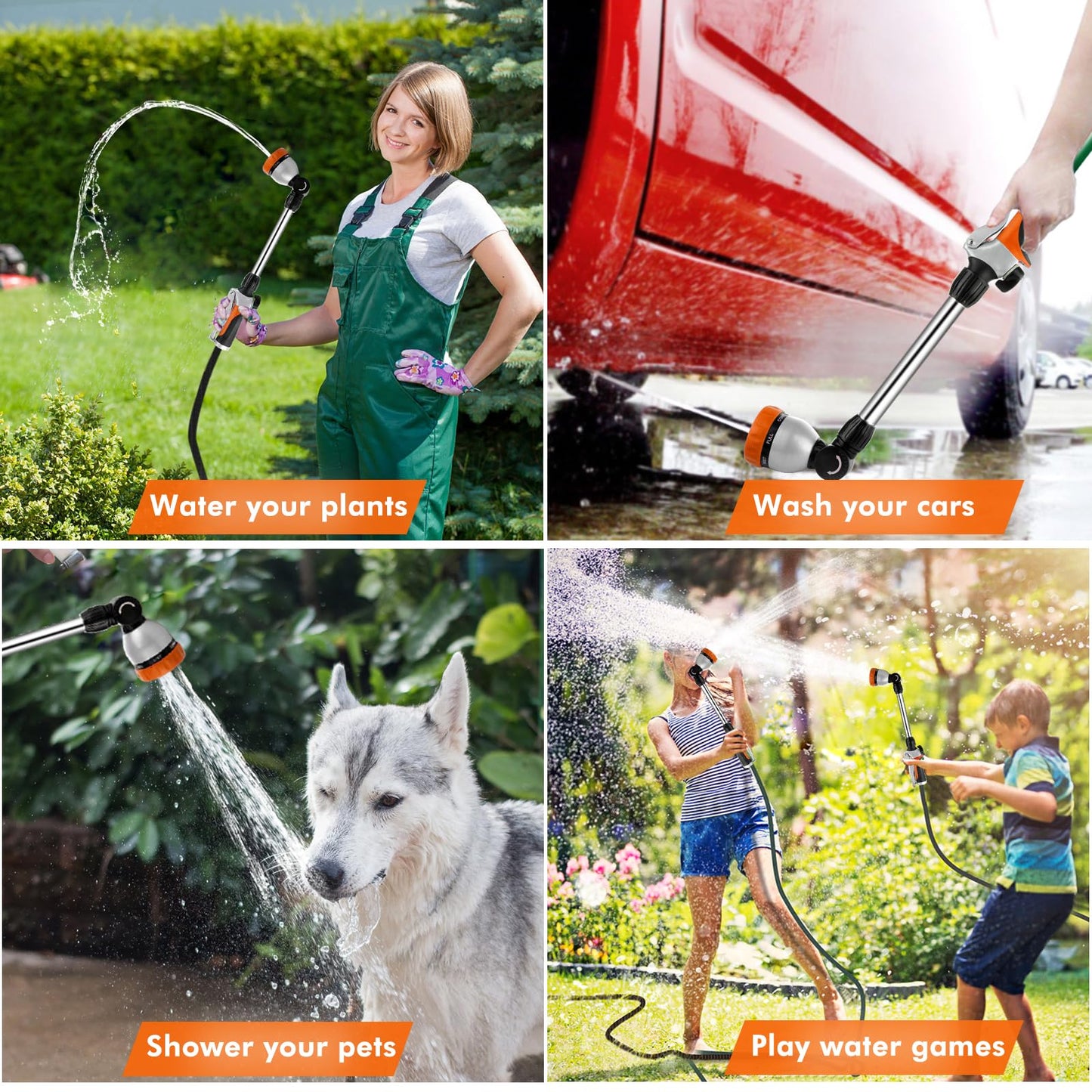 RESTMO Metal Watering Wand, Heavy Duty Garden Hose Wand with 180° Swivel Ratcheting Head, 16'' Hose Nozzle Sprayer with 7 Spray Patterns and Flow Control, for Water Hanging Baskets and Shrubs, Orange