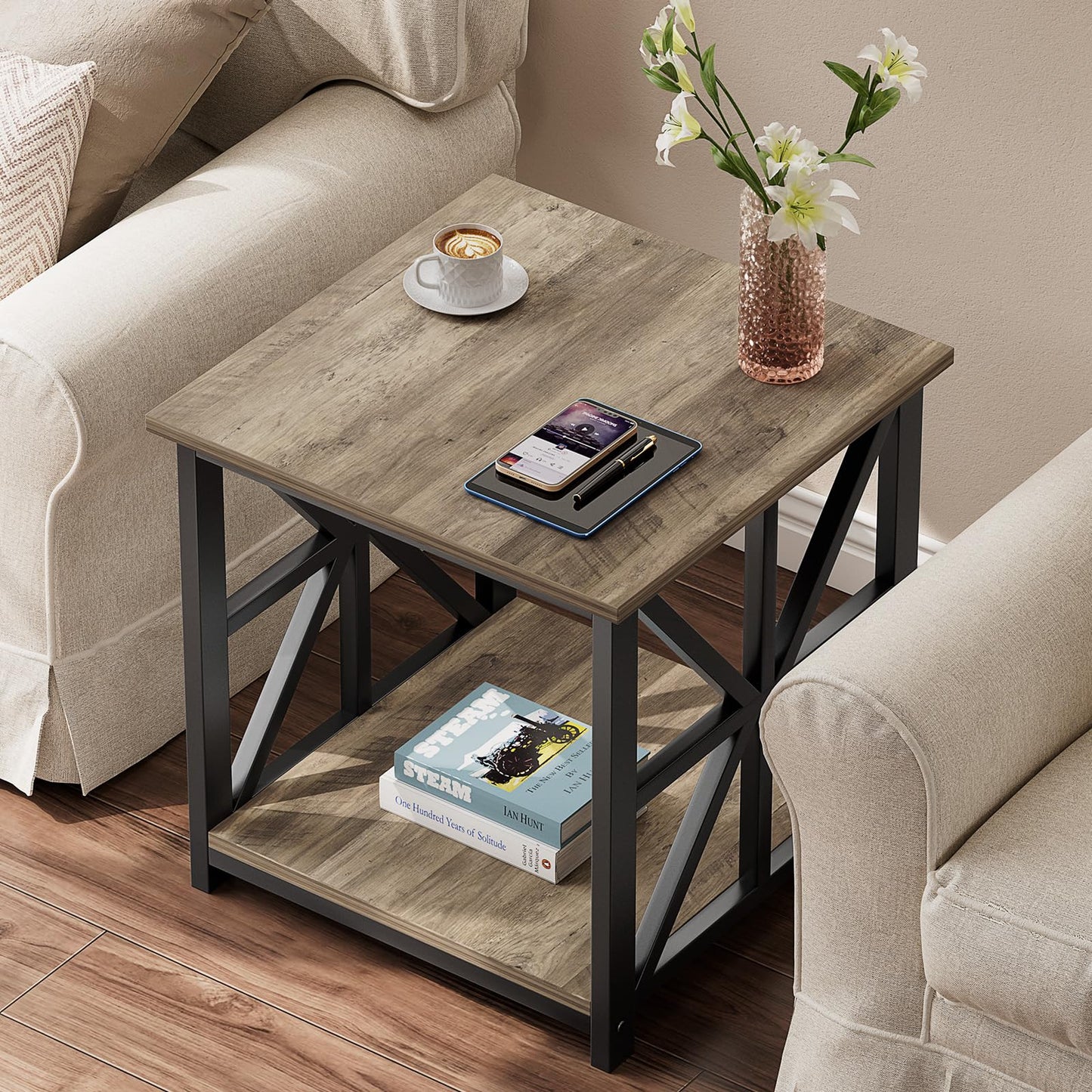 GreenForest End Table with 2-Tier Storage Shelf, 24 inch Large Side Table for Living Room,Modern Nightstand for Bedroom Bedside Office Farmhouse, Grey Wash