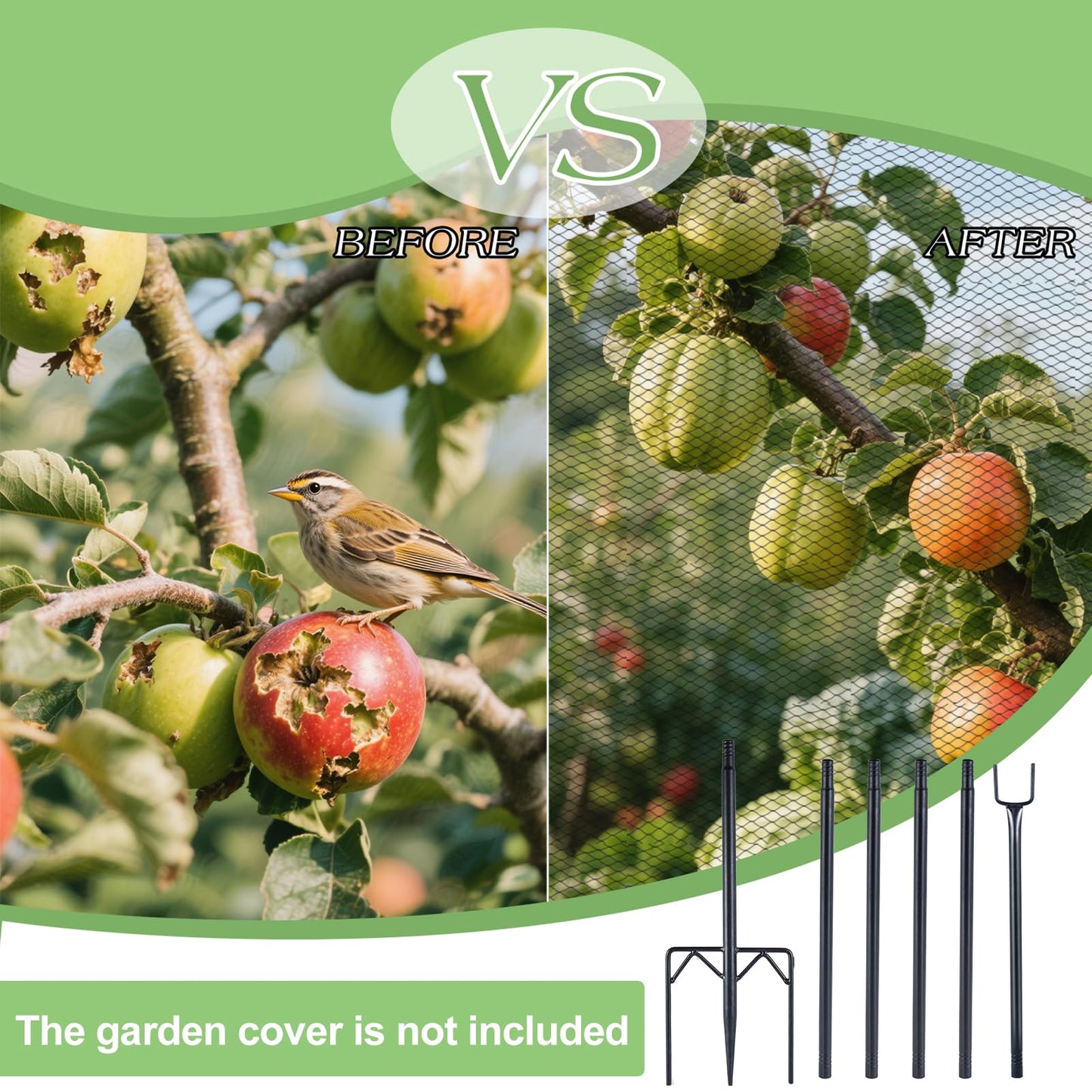 6 Pack 7.2ft Metal Garden Netting Support Stakes, Heavy Duty Garden Netting Pole with 50 Tie Rustproof Gardening Fence Stake Crop Cage Protection Post Frame for Support Fruits Garden Bed Plant Net