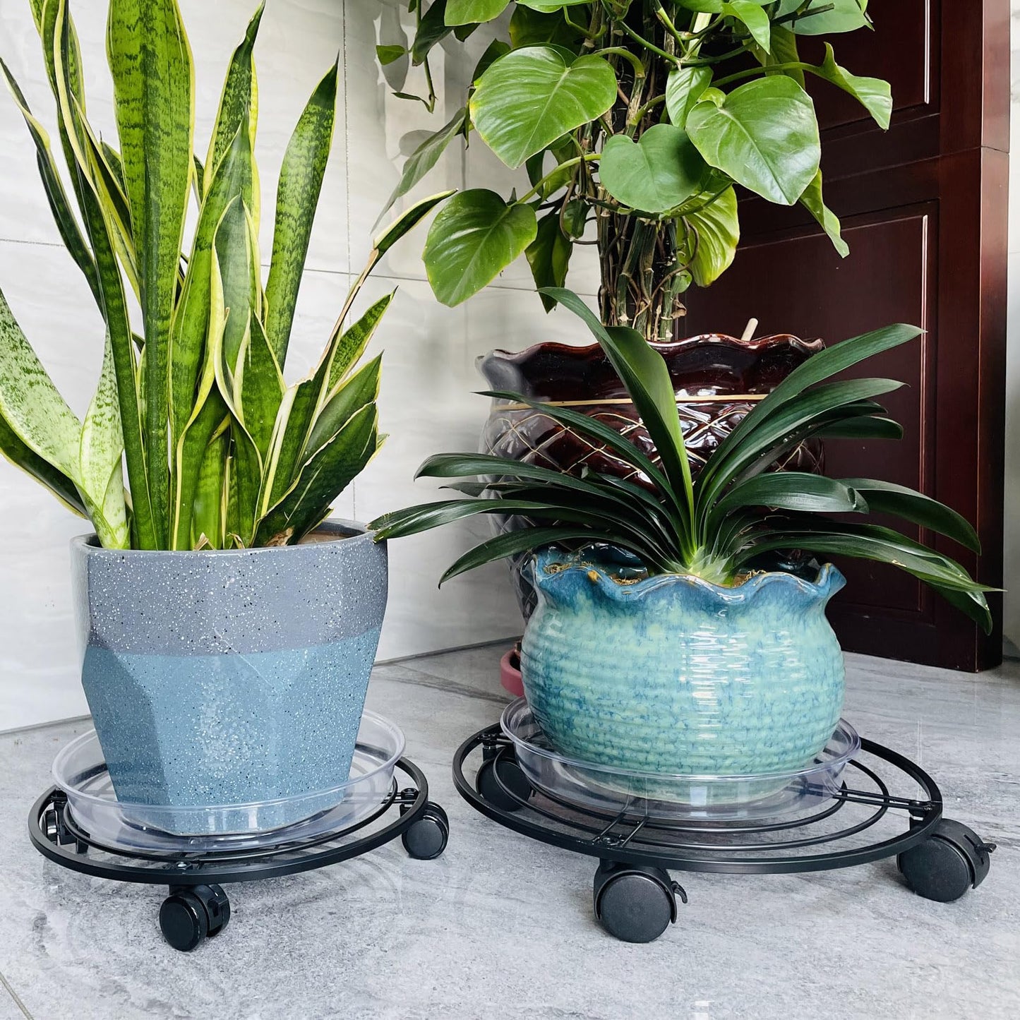 12" Metal Plant Caddy with Wheels 3 Packs Large Rolling Plant Stands Indoor Wheeled Plant Dolly Heavy-duty Planter Mover Roller Base Outdoor Plant Trolley Cart Water-proof, Plant Saucers on Wheels