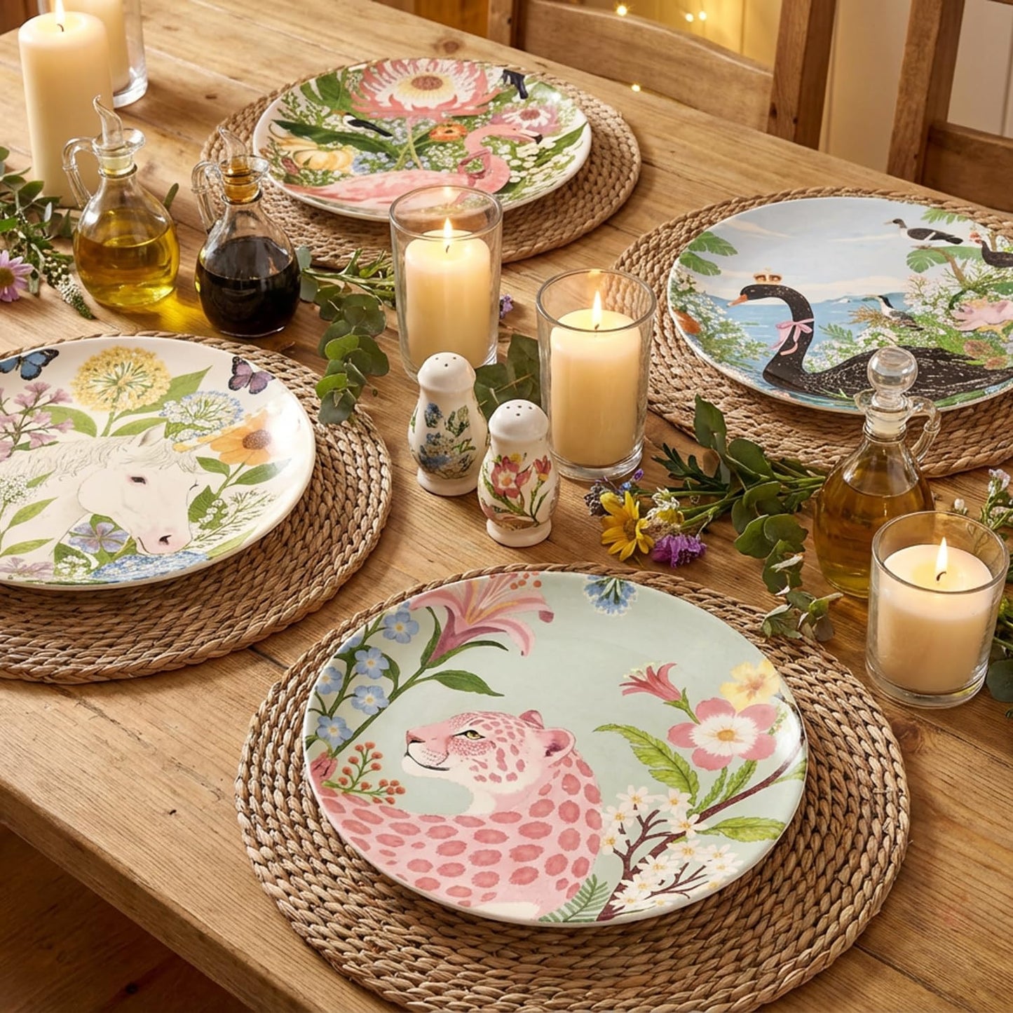 4 Piece Ceramic Plates Set, 8.5Inch Dessert & Salad,Appetizer Plates，Illustrated style Prints, Suitable for Serving Pasta, Pizza. Dishwasher, MicrowaveSafe.gift for birthdays and holidays(8.5inch)