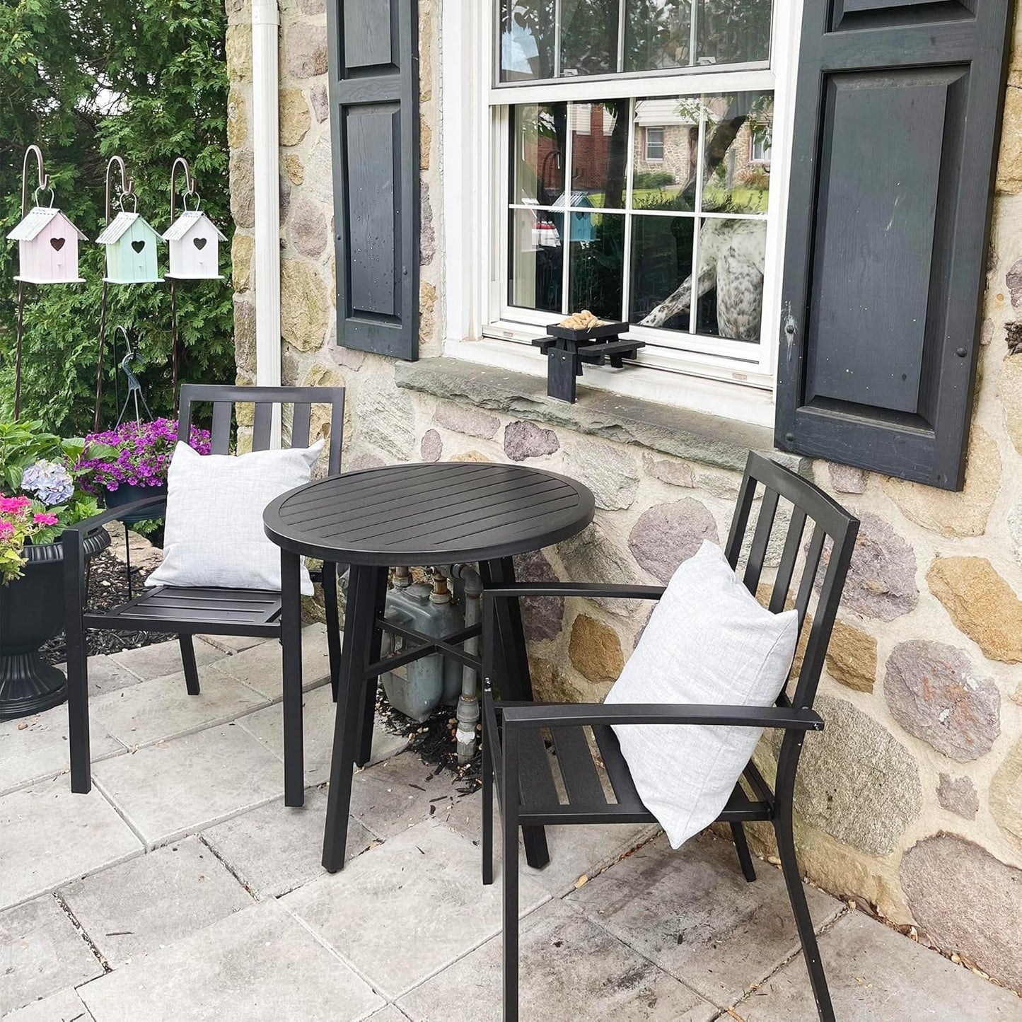 PHI VILLA 28 Inch Patio Bistro Table, Outdoor Round Weather-Resistant Metal End Small Dining Table, Outside Side Table for Balcony, Deck, Porch - Black