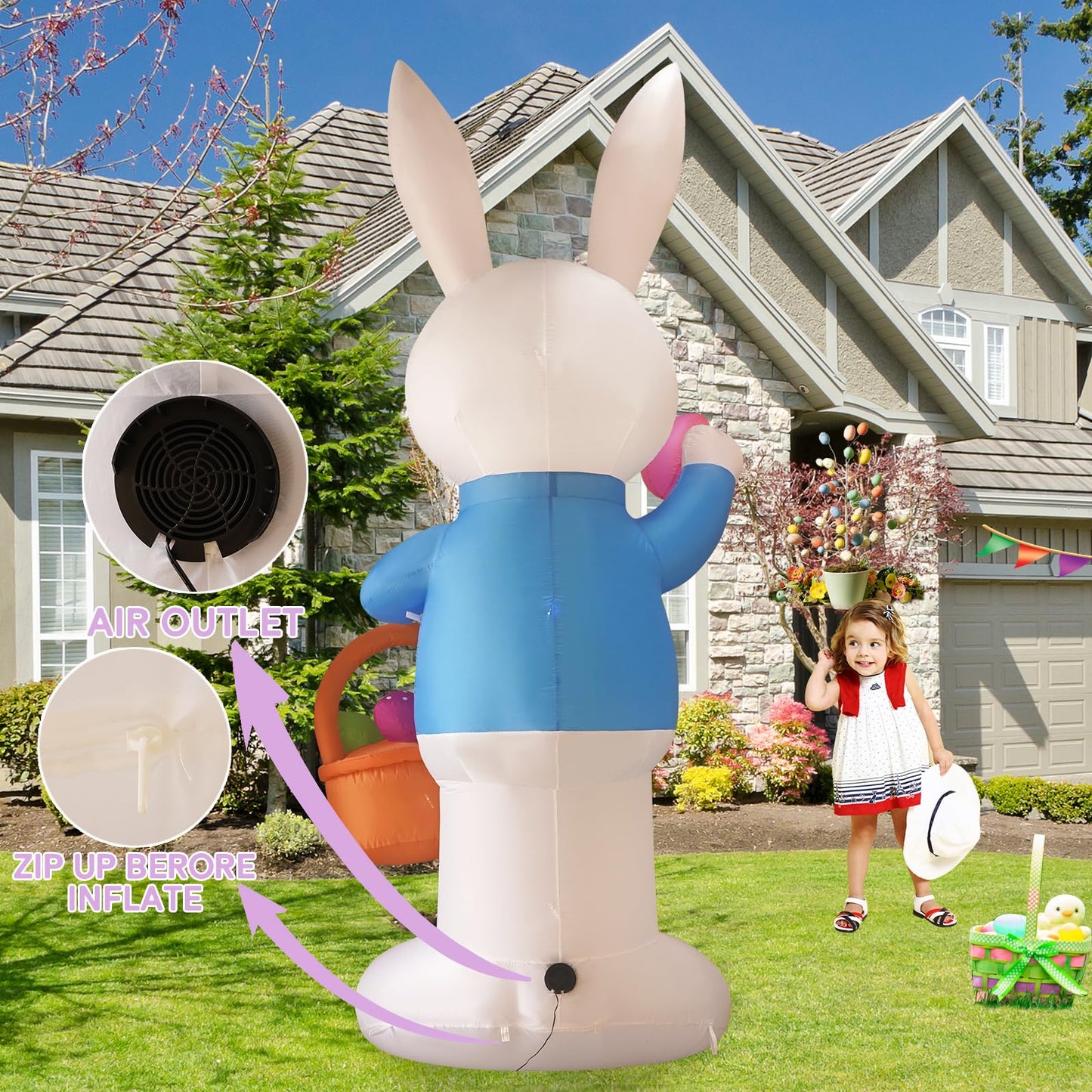 InfleasJoiy 12FT Bunny Basket Easter Inflatable Decoration with Built-in LED Lights for Holiday Celebration Decorations on Yards, Lawns and Patios