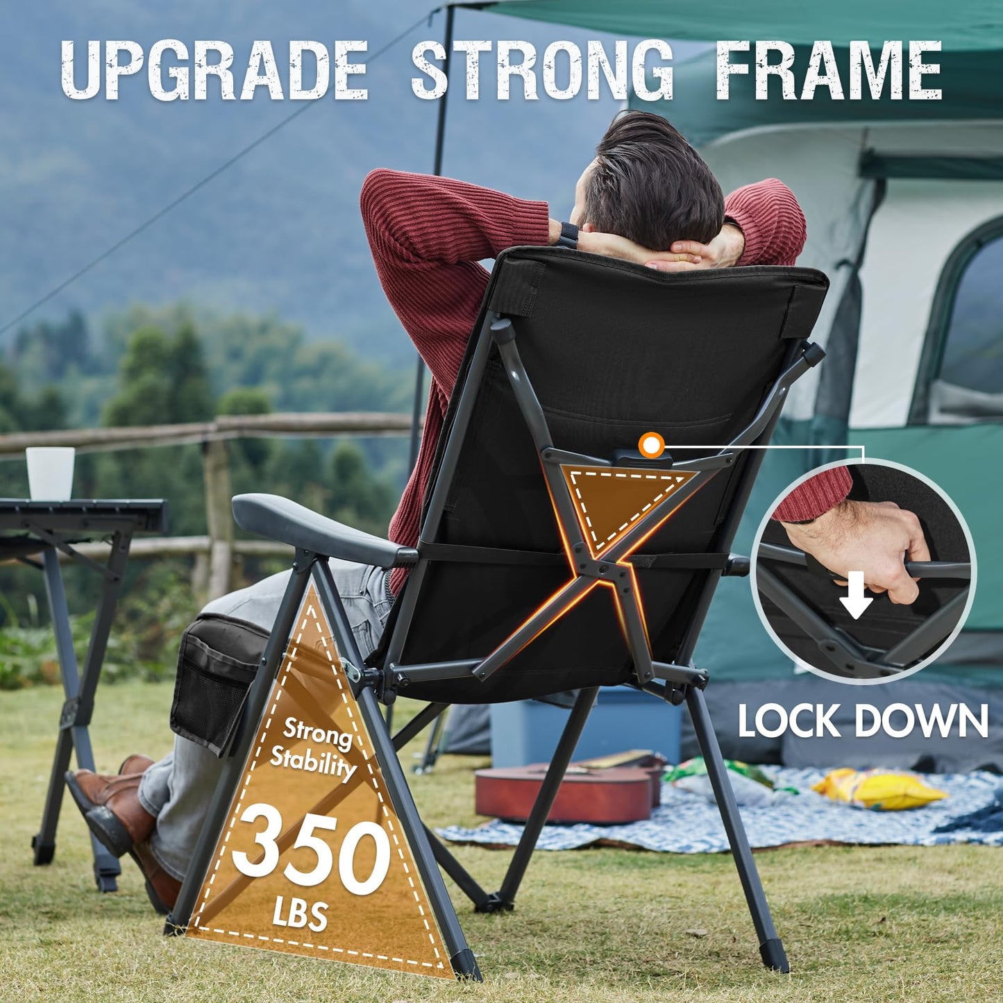 Portal Reclining Camping Chair with Adjustable Back Folding Camp Recliner for Adults Portable High Back Oversized, 350LBS (Black)