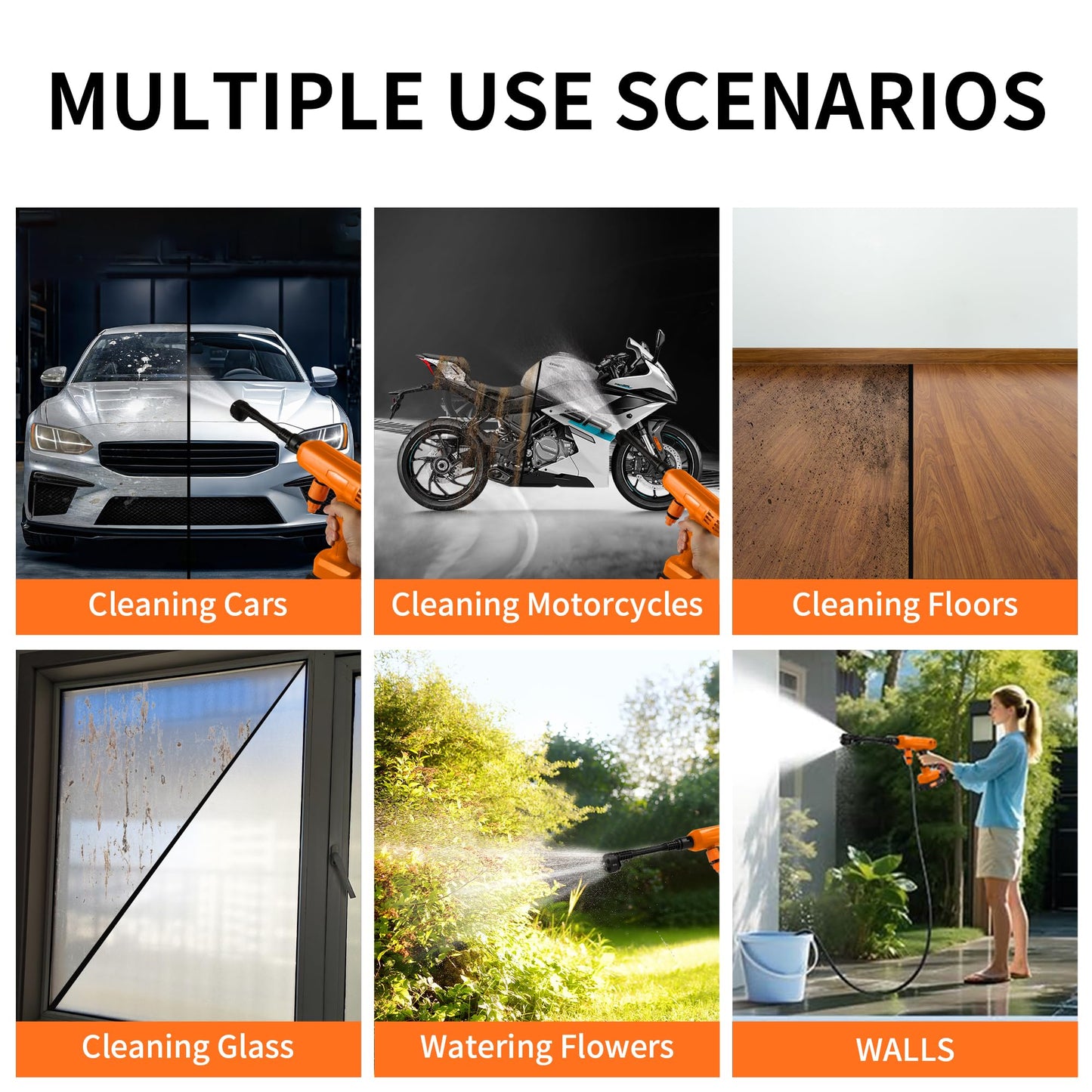 VLAIAN Cordless Pressure Washer,1200PSI Portable Power Washer with 4Ah Battery&Charger,6-in-1 Nozzle,5 Meter Hose,Handheld High-Pressure Car Washer for Cars/Yard/Home/Floor (Orange)