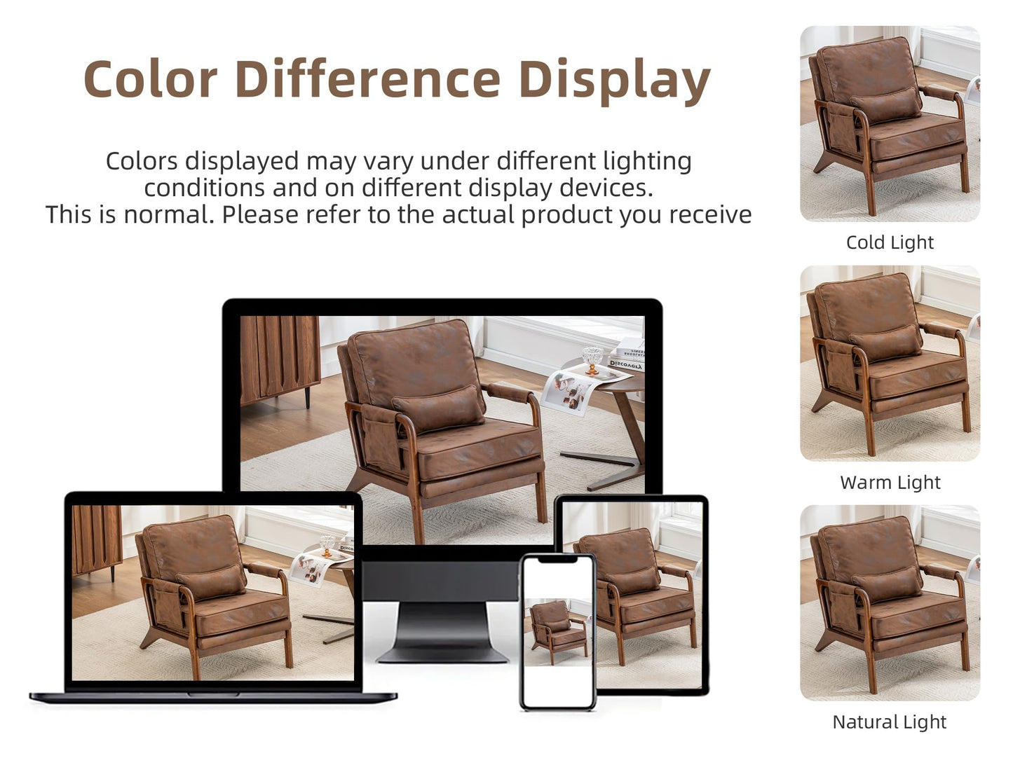 AILIUHUA Mid Century Modern Accent Chair with Pillow & Pocket, Upholstered Armchair with Solid Wood Frame & Soft Cushion for Living Room, Bedroom, Belcony, Sunroom (1, Brown)