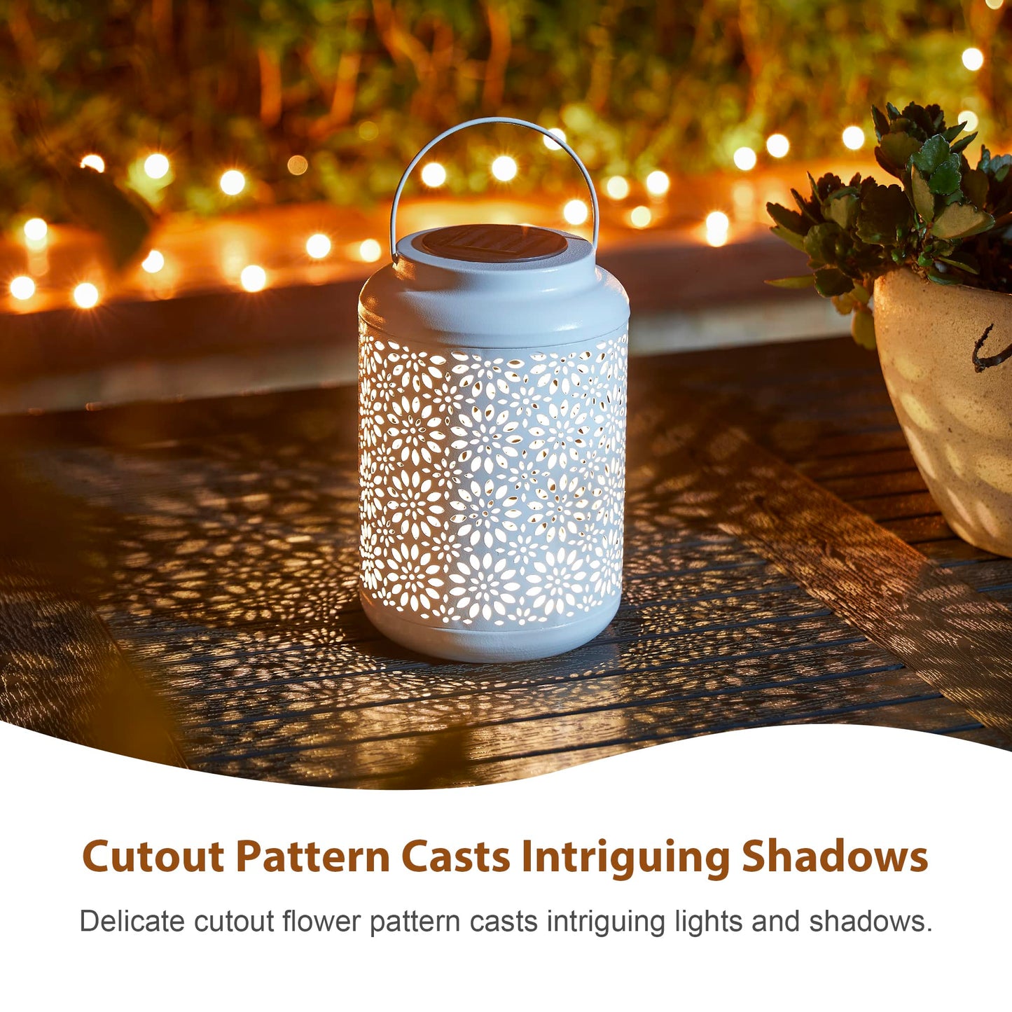 Glitzhome Solar Lantern White Metal Cutout Flower Outdoor Hanging Solar Light with Handle for Garden Patio Yard Outdoor Decor
