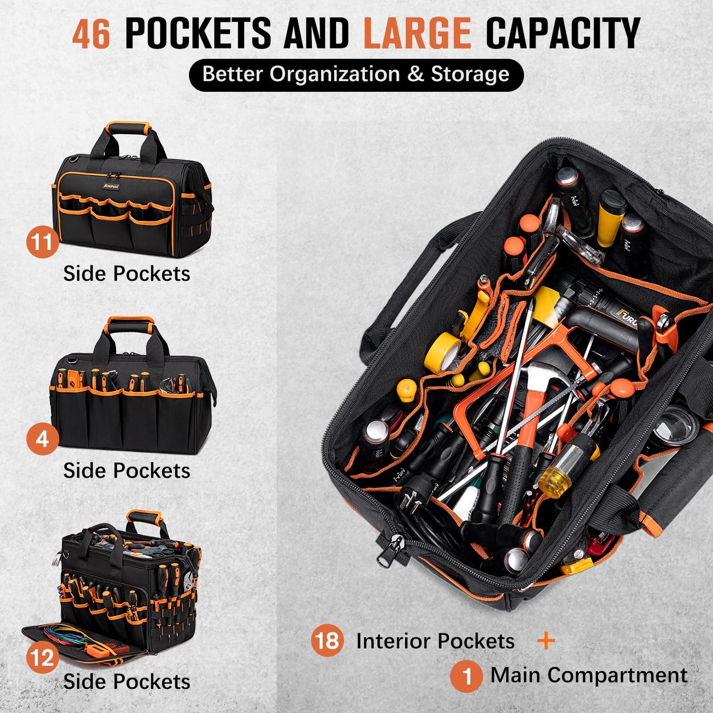 17-Inch Electrician Tool Bags for Men, 46-Pocket Heavy Duty Tool Bag, Foldable Hvac Tool Bag Organizer with Wide Mouth & Adjustable Shoulder Strap for Electricians Mechanics Craftsman Contractor