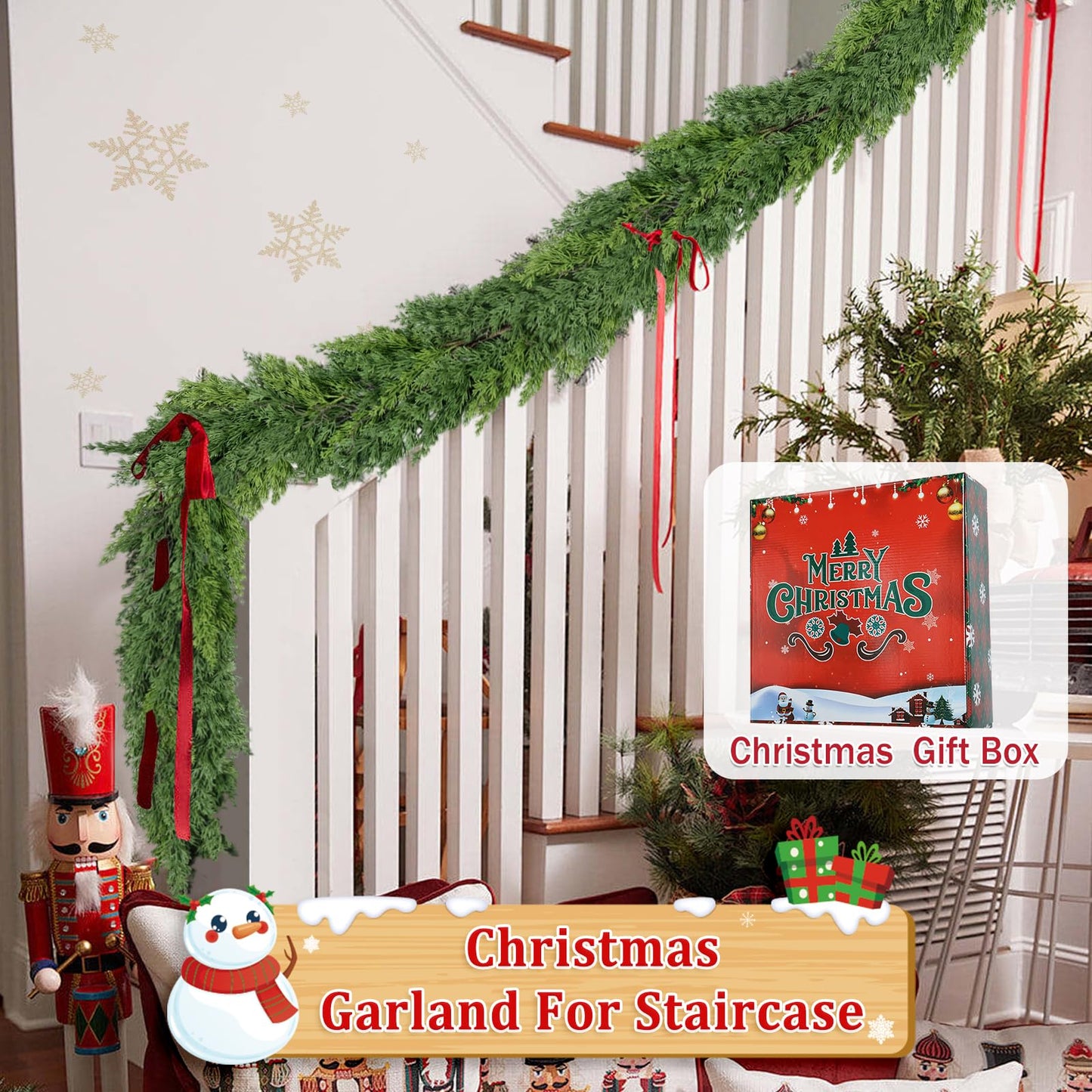 9Ft Christmas Garland for Staircase Railing Soft Bendable Real Touch Artificial Cedar Pine Green Xmas Mantle Garland for Fireplace Porch Table Home Room Yard Christmas Indoor Outdoor Decor(Cedar Pine)