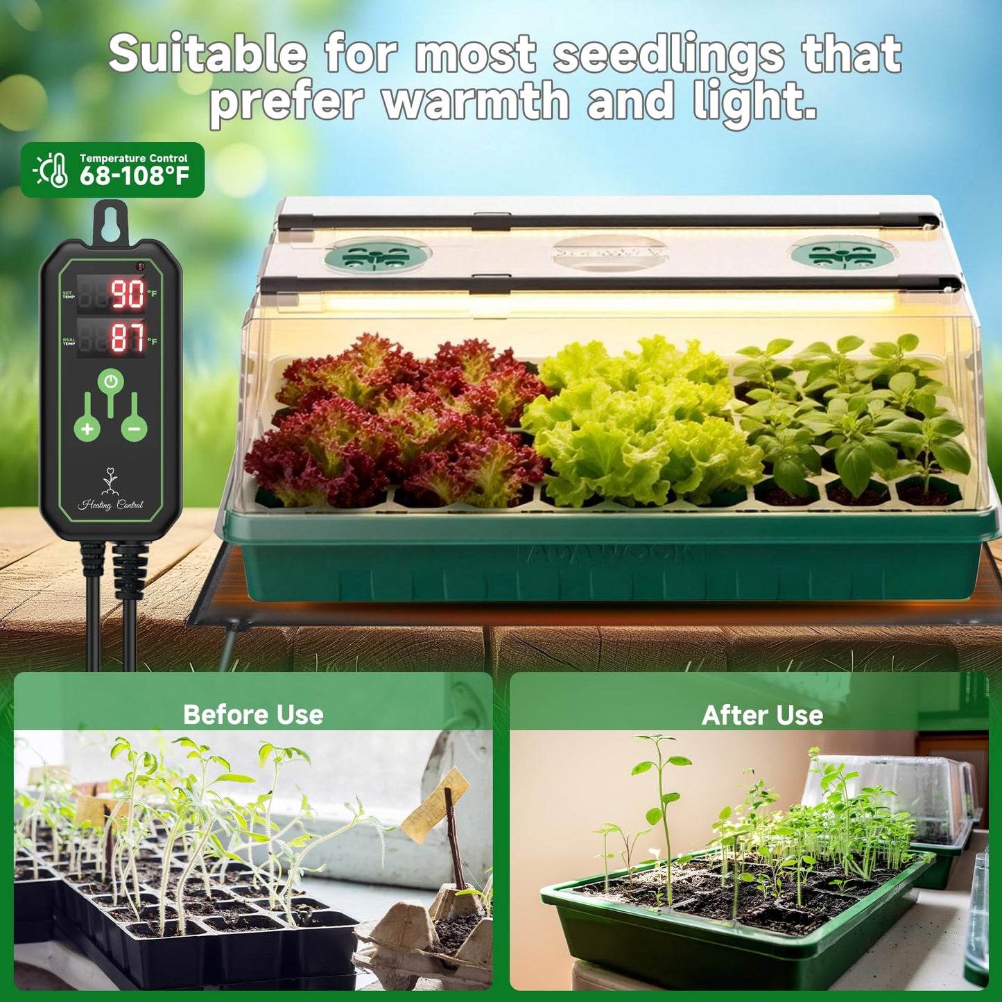 Seed Starter Tray with Grow Light and Thermostat Controller Heat Mat, 10"x 20.75" Heat Mats for Plant Growing，68-113°F Adjustable，Color Change Grow Lights，Germination Trays Kits (Green, 60 Cells)