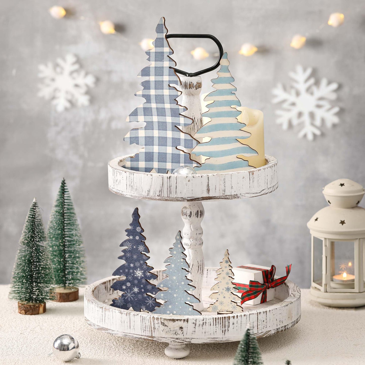 5 Pcs Wooden Christmas Tree Tabletop Decorations, Winter Tiered Tray Decor for Table Shelf Mantel Office, Small Christmas Tree for Farmhouse Table Decor