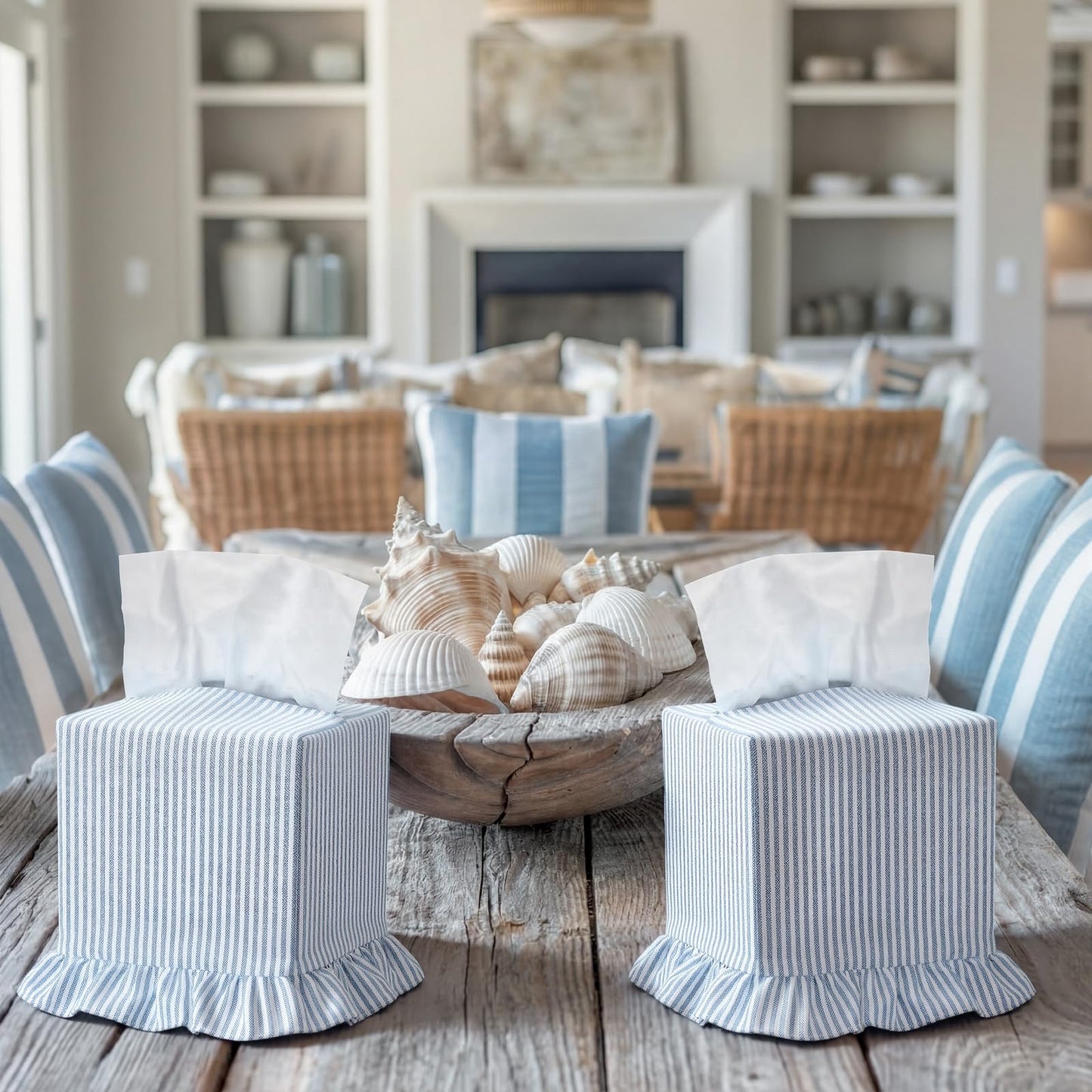 Sawysine Fabric Coastal Tissue Box Cover Light Blue White Linen Tissue Box Cover Decorative Beach Square Napkin Holder for Home Bedroom Living Room Bathroom Office Kitchen