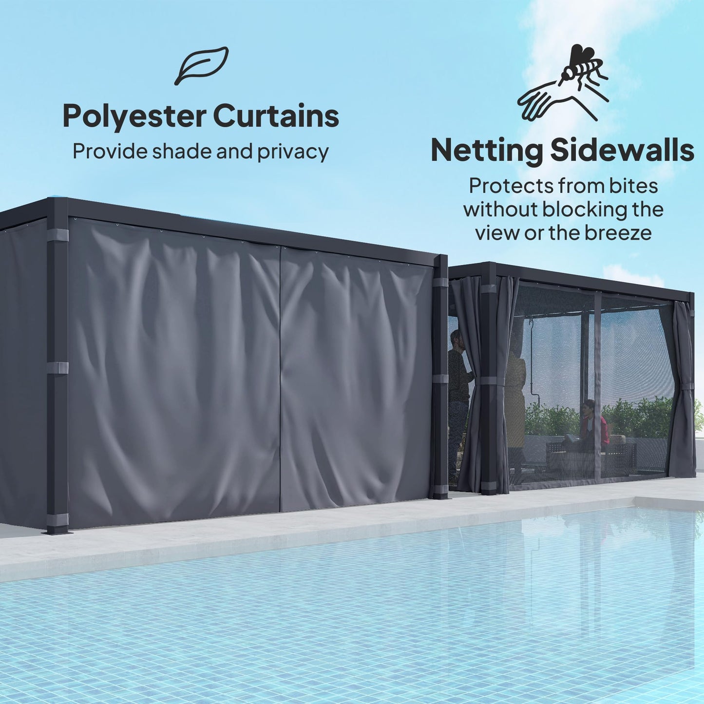 Outsunny 10 x 13 ft. Louvered Pergola Hardtop Gazebo with Adjustable Aluminum Roof and Frame, Outdoor Pergola with Curtains and Netting, for Garden, Lawn, Backyard, and Deck, Dark Gray