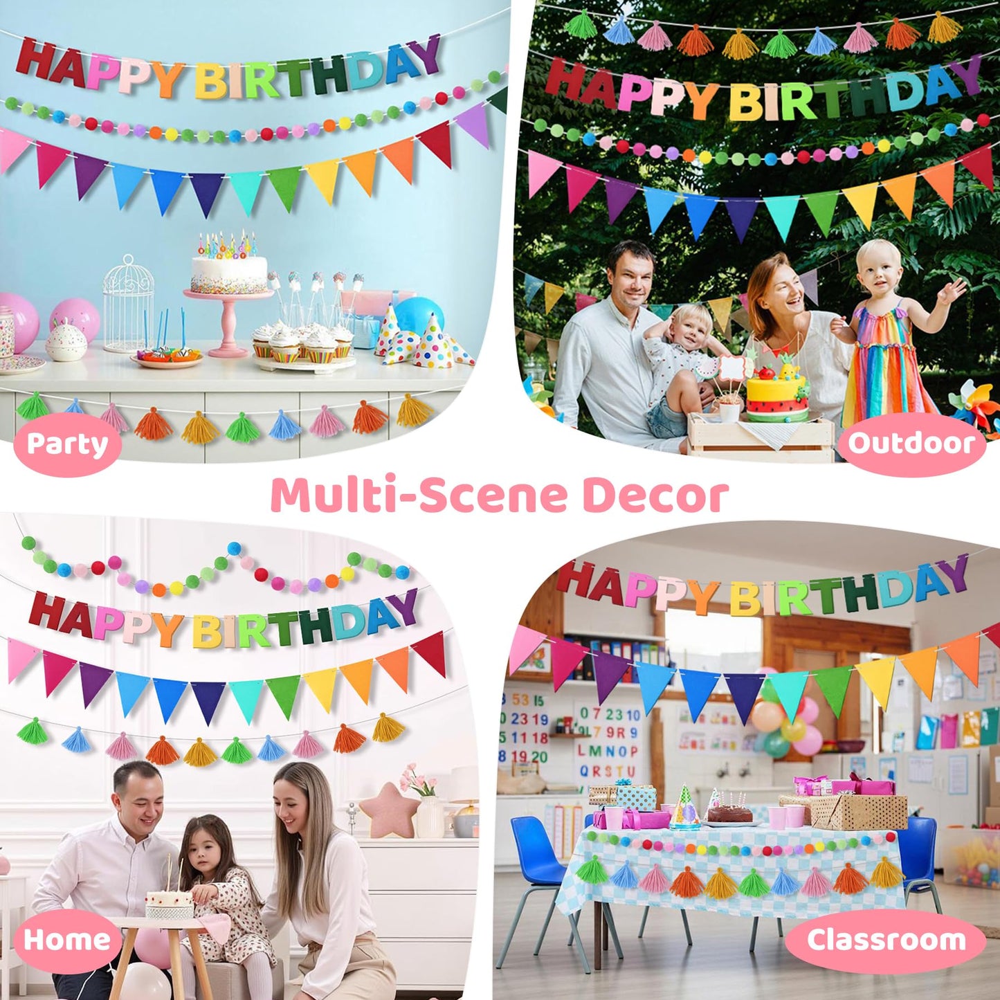 4Pcs Felt Pre-Strung Happy Birthday Banner, Handmade Wool Felt Ball Garland, Triangle Flags, Decorations for Kids Adults Party Supplies, Rainbow Party Decorations Fireplace Mantel Wall Window