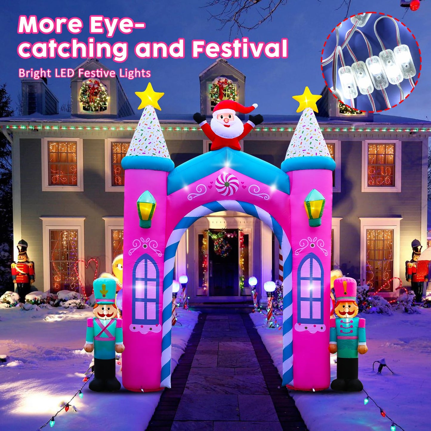 Christmas Inflatable Archway Outdoor Decoration – 12FT Nutcracker Blow Up Arch with LED Lights, Featuring Santa Claus and Festive Christmas Soldiers for Yard, Entryway, or Holiday Party
