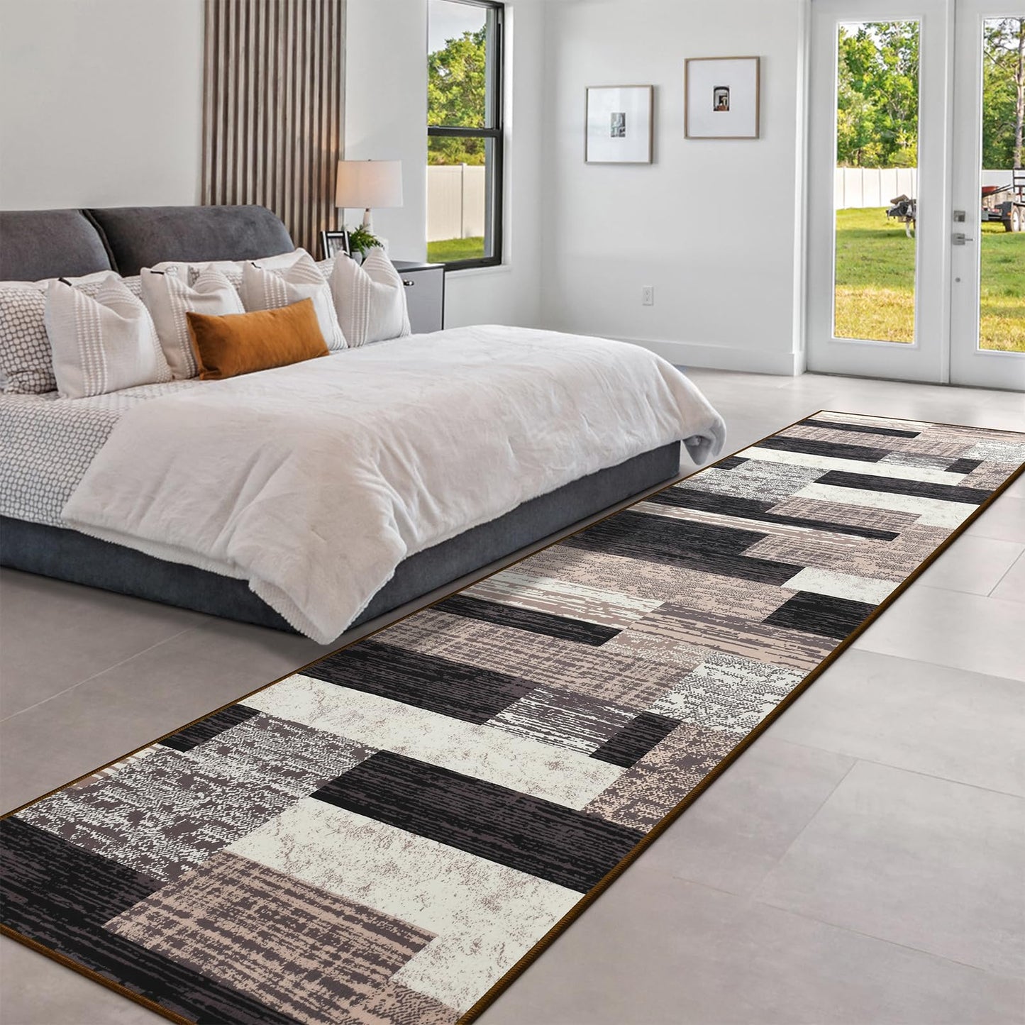 Indoor Runner Rug, Washable Runner Rug with Rubber Backing, Modern Geometric Patchwork Aesthetic Carpet for Bedroom, Living Room, Hallway, Entryway,Washable Rugs Rockwood Collection,2.7x10Ft Chocolate