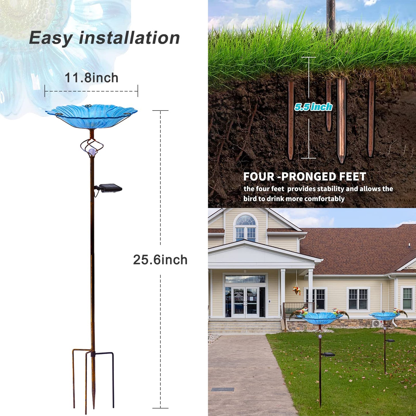 Homight Solar Glass Blue Bird Bath, Yard Art，Garden Outdoor Birdbath with Metal Stake with White LED Light Metal Stake Garden Decor Gifts