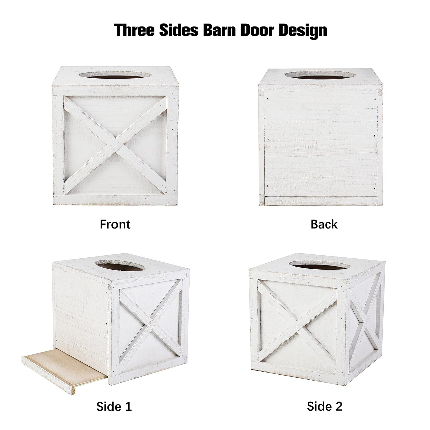 Karisky 2 Pack Square Rustic Wood Tissue Box Cover Holder with Slide-Out Bottom Panel, Farmhouse Facial Paper Dispenser for Bathroom Vanity, Bedroom, Night Stands, Office, 6 x 6 inch, White