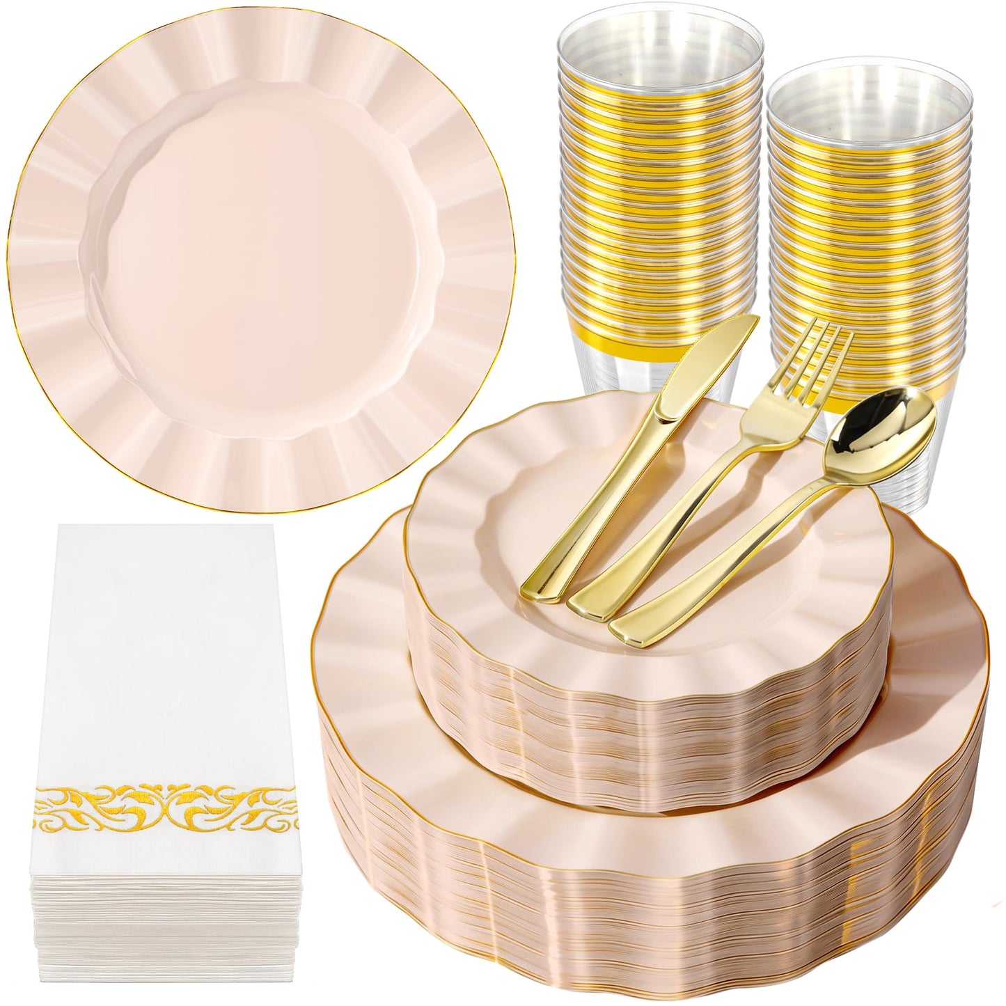 QualQuot 175PCS Gold and Pink Plastic Dinnerware Set, Plastic Party Plates for 25 Guests, 50 Disposable Plates, 25 Heavy Duty Silverware, 25 Cups, 25 Napkins for Mother's Day, Party and Wedding
