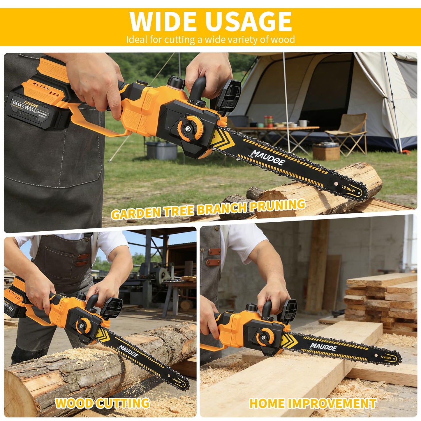 MAUDOE 12" Telescoping Codless Chainsaw, 2-in-1 Cordles Pole Saw with 2 x 4.0Ah Batteries, 21V Brushless ChainSaw with 2 Chains & 2 Guide Plates, Tool-Free Tension, for Tree Trimming & Branch Cutting