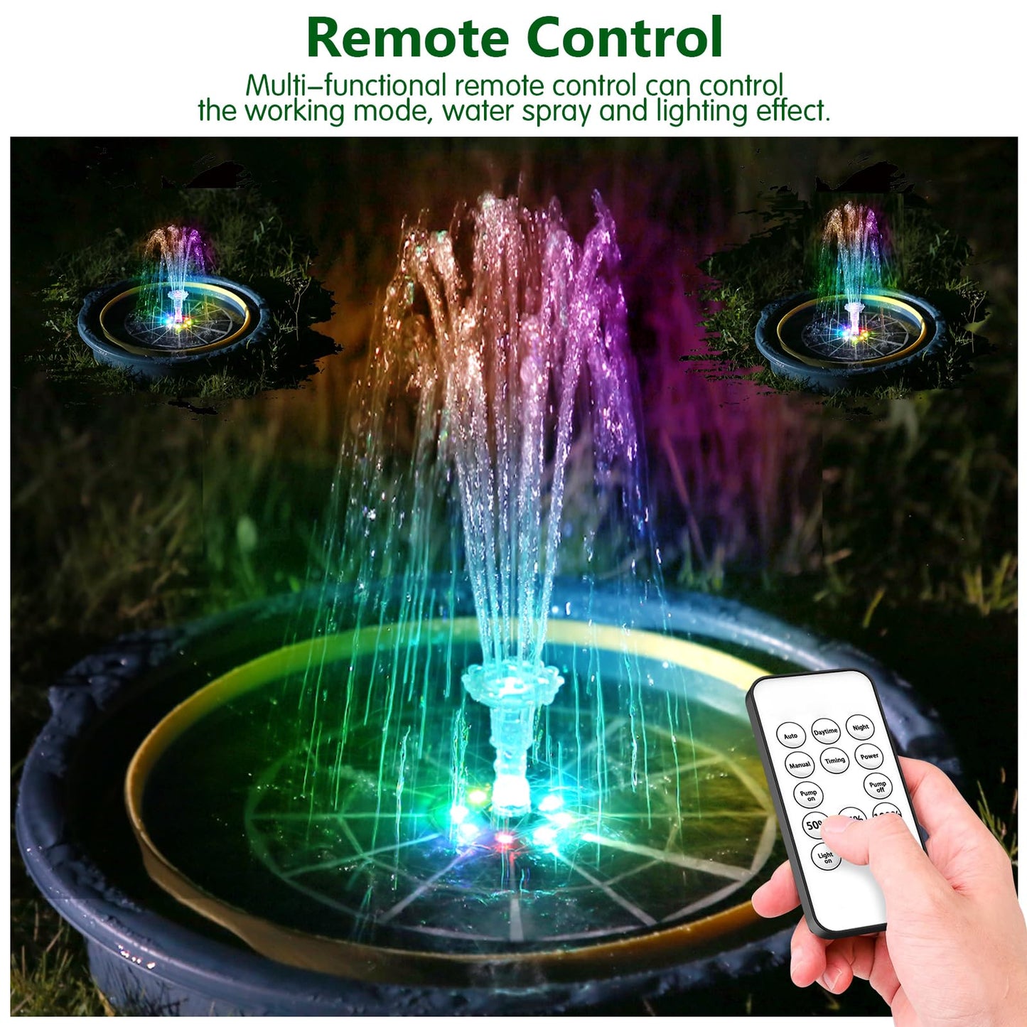 AISITIN 5.5W Solar Fountain Bird Bath with LED Colorful Lights & 3000mAh Battery, Remote Control Solar Pump for Fountain with 8 Nozzles, Solar Water Pump for Garden, Pond and Outdoor