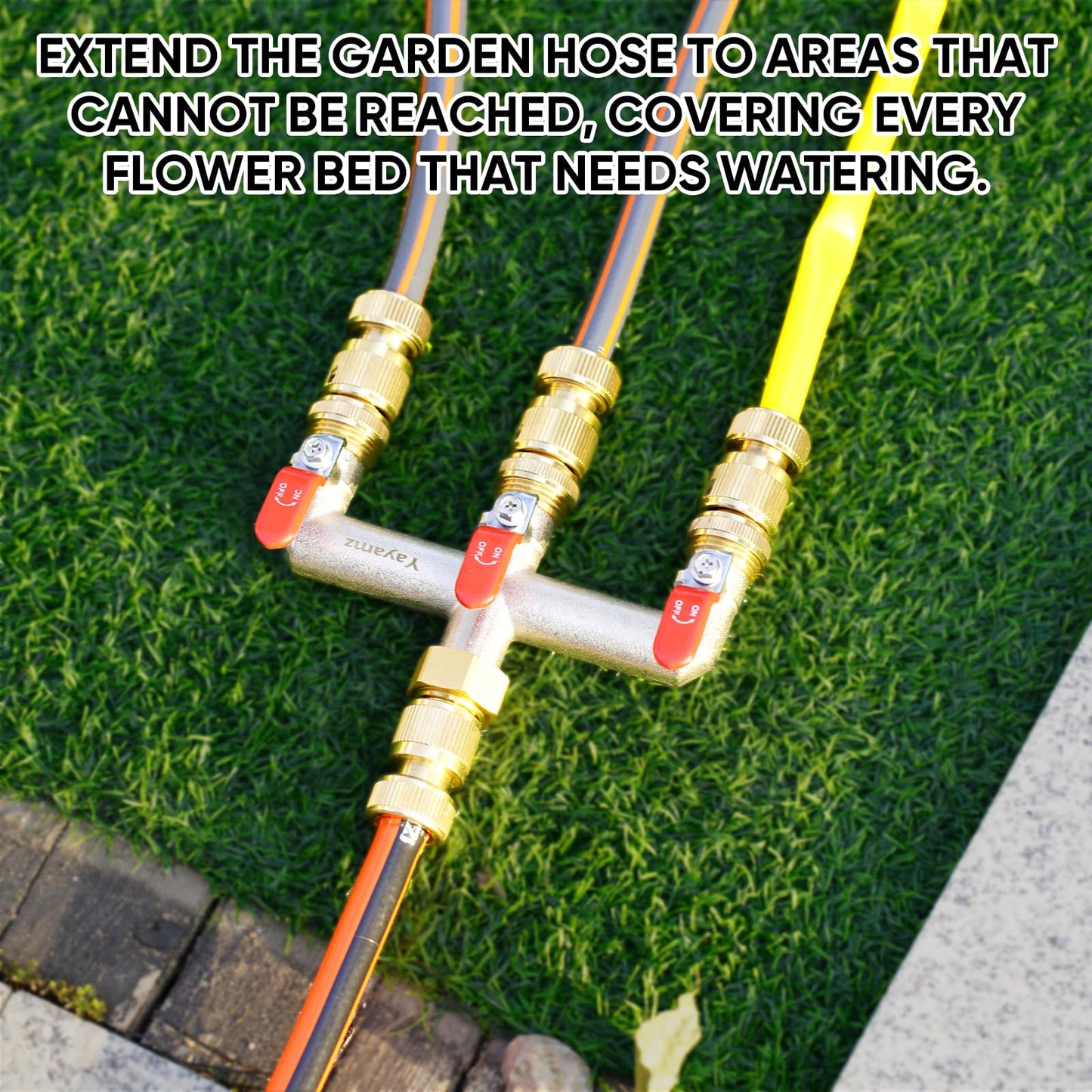 Yayamz Heavy Duty Brass Garden Hose Splitter - 3-Way 3/4" GHT Thread, High Flow Faucet Splitter, Water Hose T Spigot Splitter with Shutoff Valves, Water Adapter & Connector-Long Metal Handle