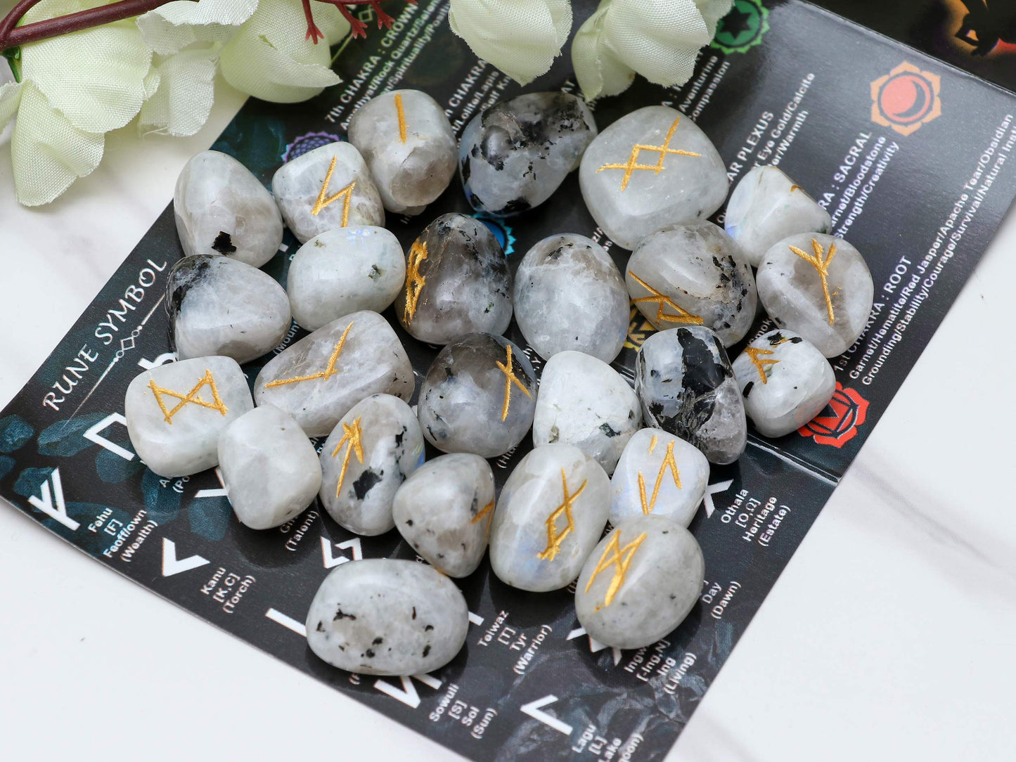 Crocon Rainbow Moonstone Rune Stones Sets 25 pcs for Beginners with Elder Futhark Alphabets for Healing Chakra Crystals Reiki feng Shui Gemstone Runes Set Size: 15-20 mm with a Pouch & Rune brochure