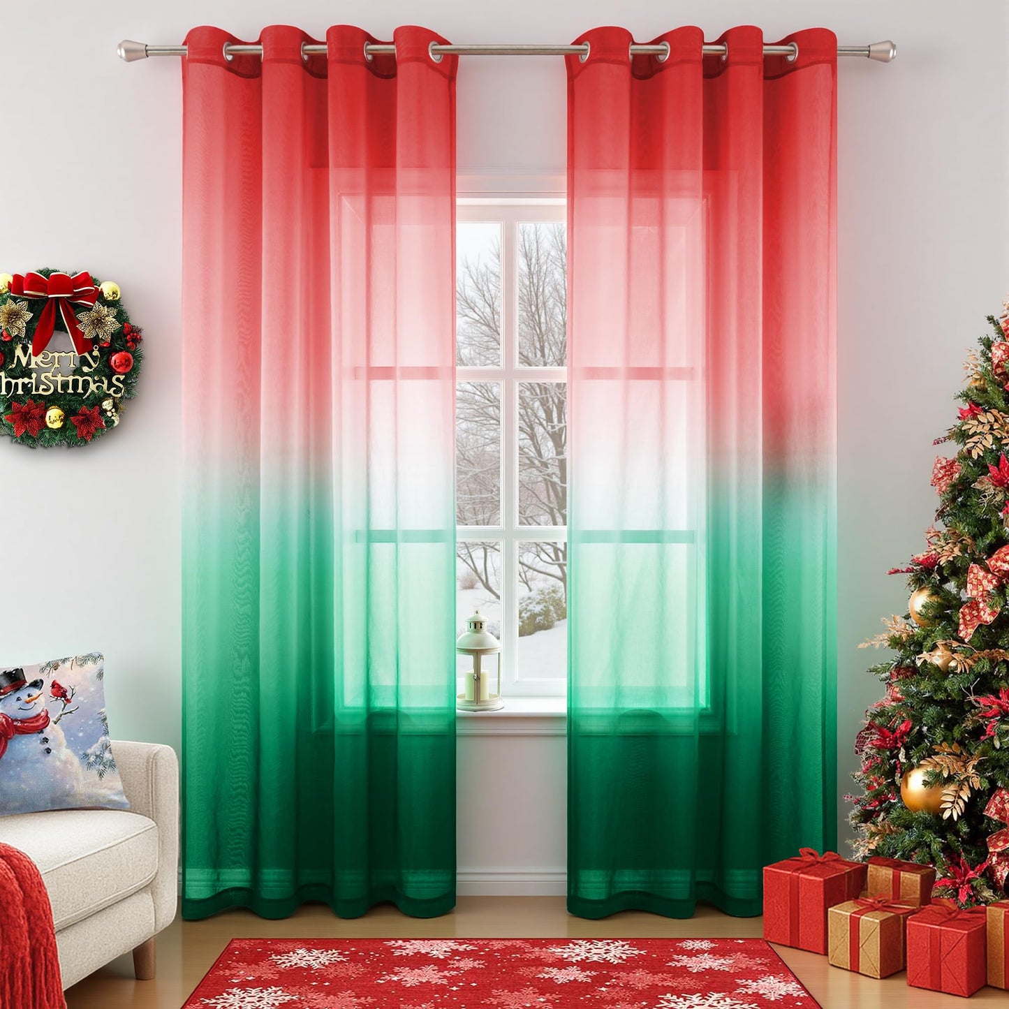 KOUFALL Curtains for Living Room,Red Green Sheer Curtain to Match LED Lights,Cortinas Rojas De Navidad para Sala,See Through Printed Holiday Curtain Drapes for Bedroom Window Xmas Decor 84 Inch Long
