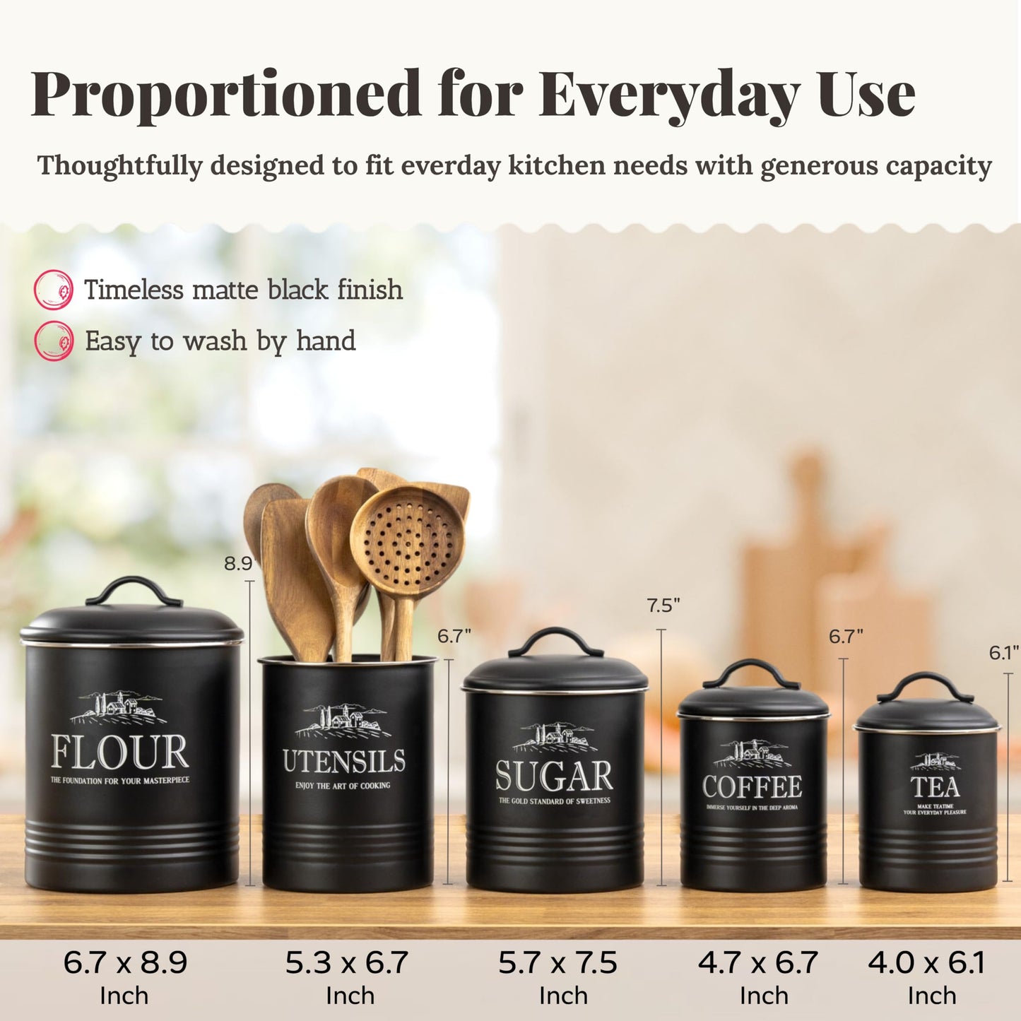 noonberry Kitchen Canisters for Countertop – 5-Piece Airtight Canister Sets for the Kitchen Counter with Utensil Holder – Flour Sugar Coffee Tea Containers – Matte Black Finish
