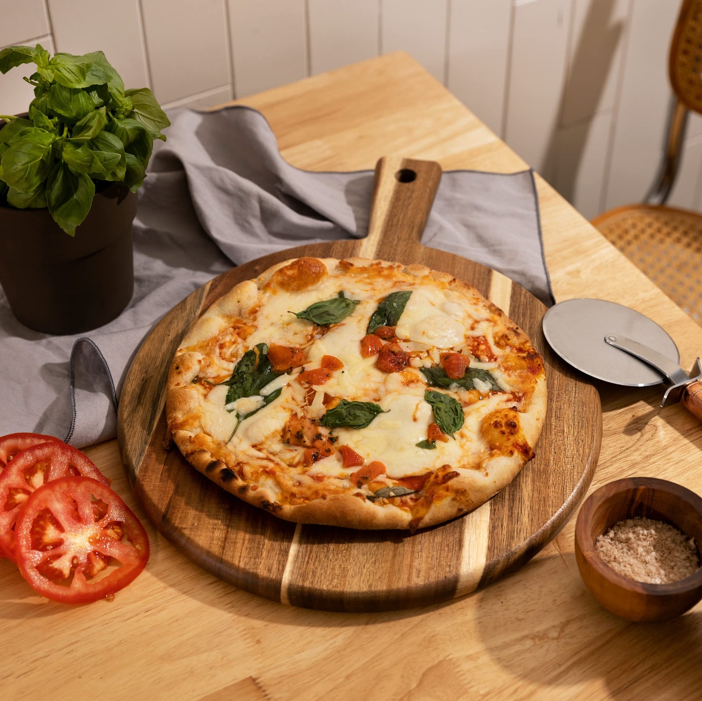 Acacia Wood Cutting Board and Chopping Board with Handle for Meat, Cheese Board, Vegetables, Bread, and Charcuterie - Decorative Wooden Serving Board for Kitchen and Dining Room, Large 13" x 13"
