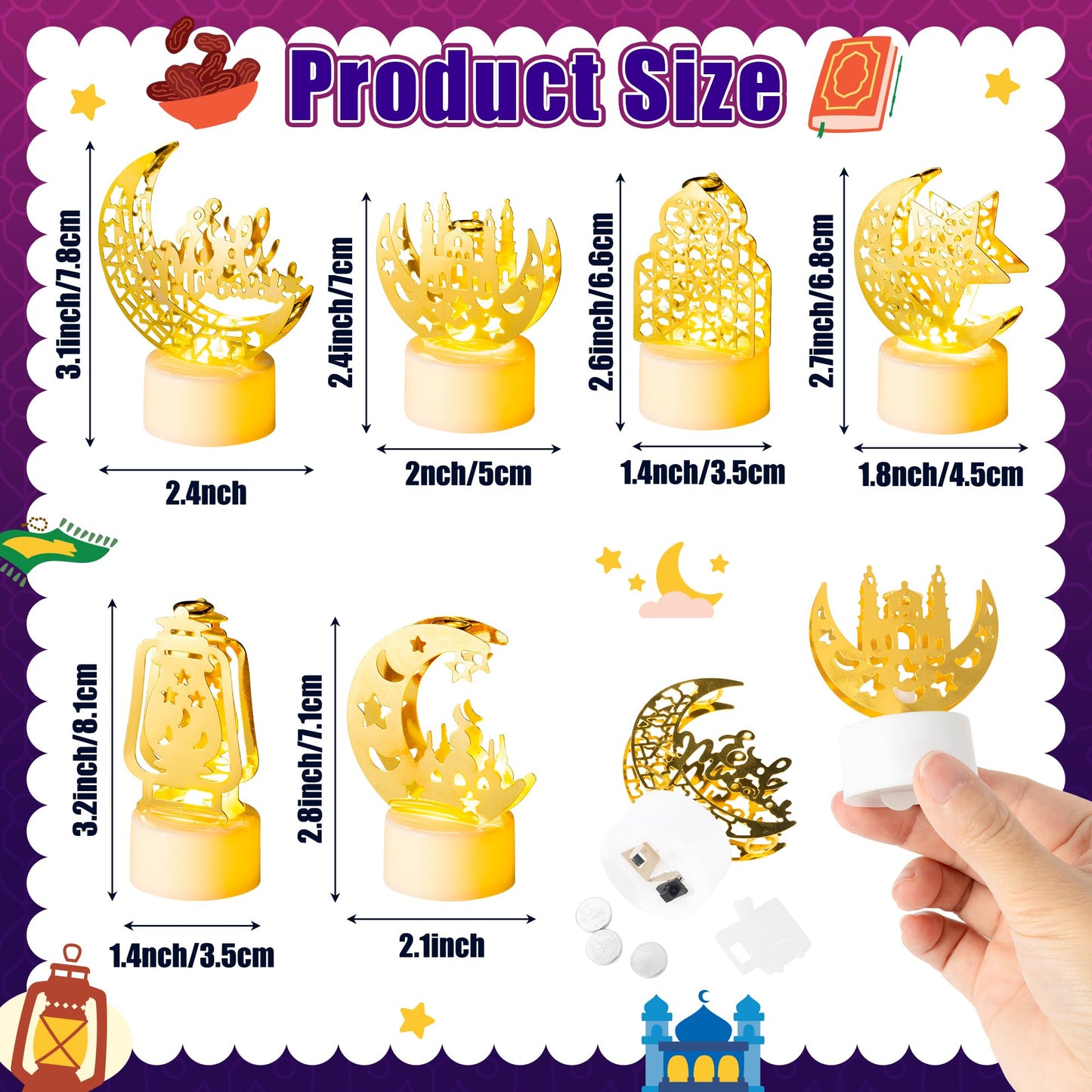 CUweipeng Ramadan Mini Lantern Lights Decoration - 6 Pcs Gold Moon Castle Lighthouse Eid Mubarak Lamp Plastic LED Night Light for Eid Ramadan Party Home Indoor Outdoor Bedroom Tabletop Decoration