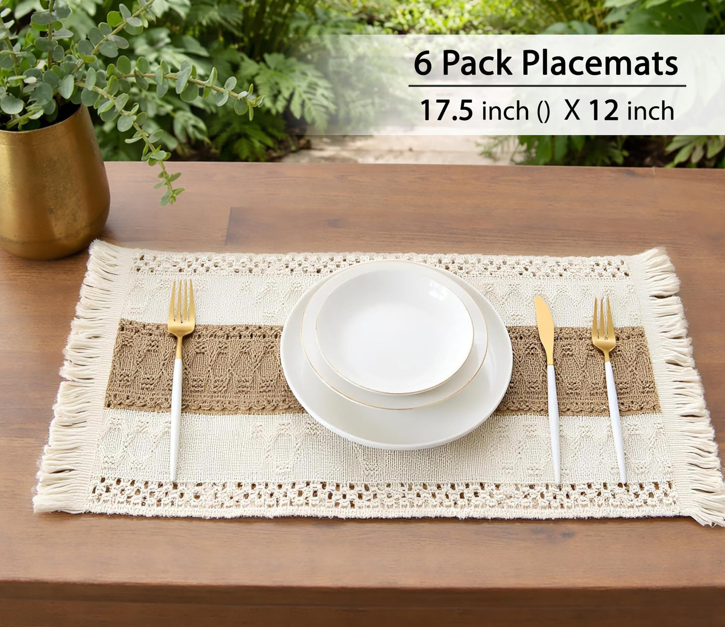Ruvanti Cloth Placemats Set of 6 – 17.5"x12" Blend of Cotton, Polyester & Jute, Woven Placemats Washable Fabric, Table Mats Perfect for Farmhouse Kitchen, Parties, Holidays - Tobacco Band