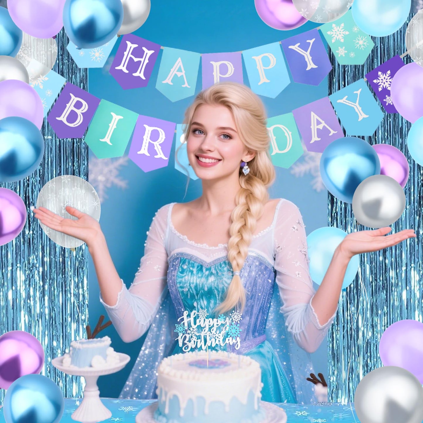 Jaciya Frozen Birthday Party Decorations Kit - Snowflake Balloons, Tablecloth, Backdrop, Cake Toppers & Happy Birthday Banner