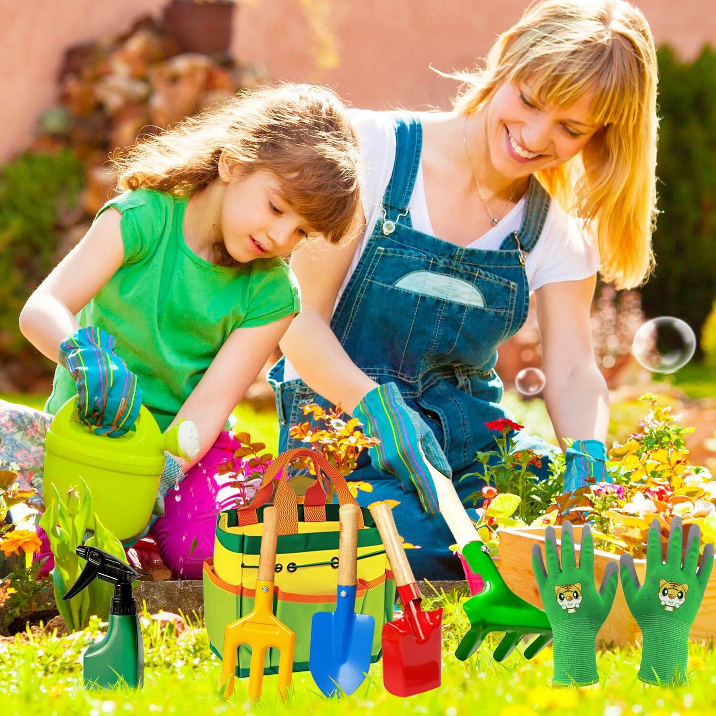 Kids Gardening Tools, Toddler Gardening Set for Kids Includes Rake, Shovel, Trowel, Apron Gloves Watering Can and Tote Bag, Spray Bottle, Kids Garden Tools Best Outdoor Toys Gift for Boys and Girls