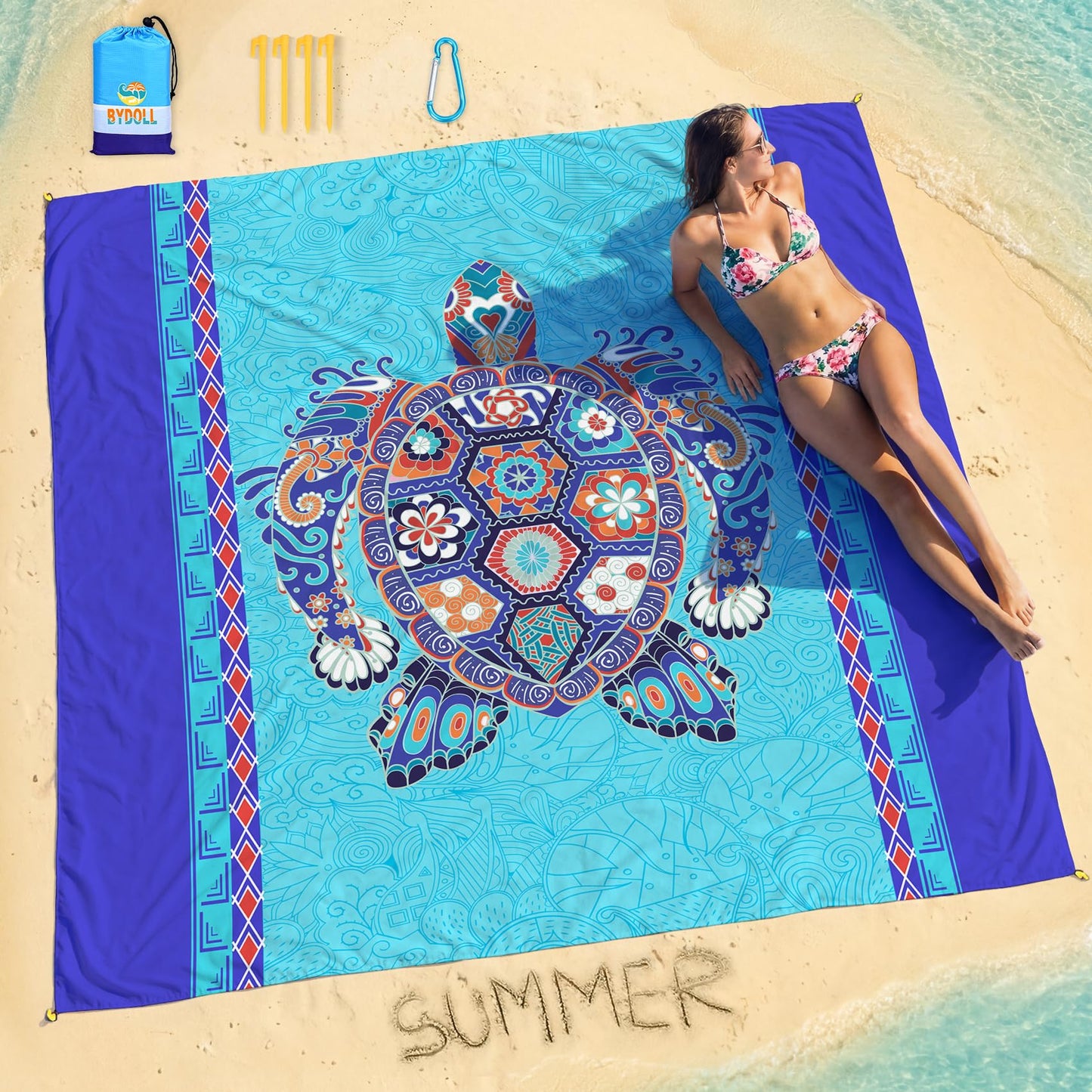 BYDOLL Beach Blanket Waterproof Sandproof Sea Turtle 78''×81'' 1-5 Adults Oversized Lightweight Large Picnic Mat Waterproof Sandproof Blanket for Beach Camping Hiking Travel
