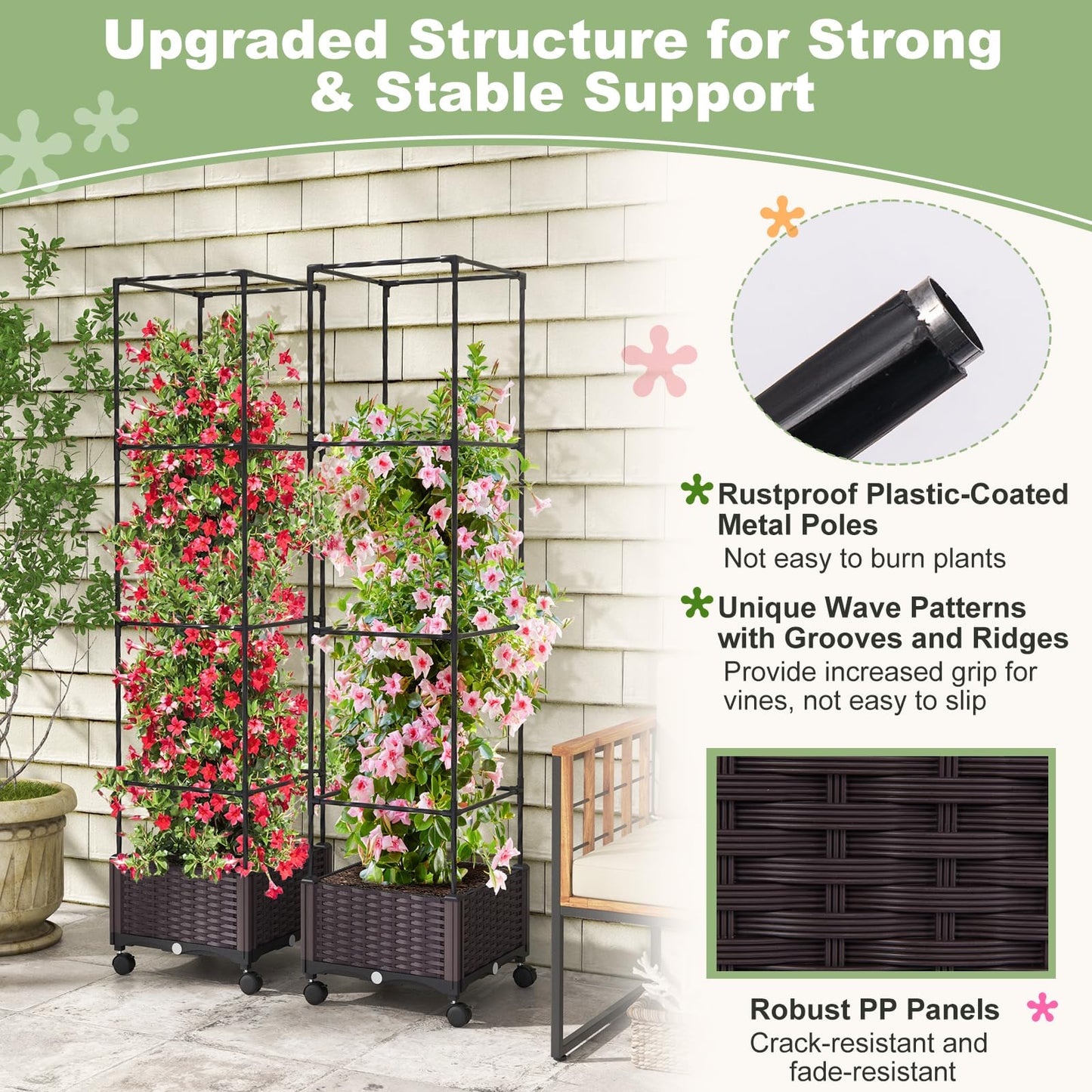 Giantex Raised Garden Bed with Tomato Cages, 67” Adjustable Height, Self Watering Planter Garden Box with Wheels, Trellis for Climbing Plants Vegetable Flower