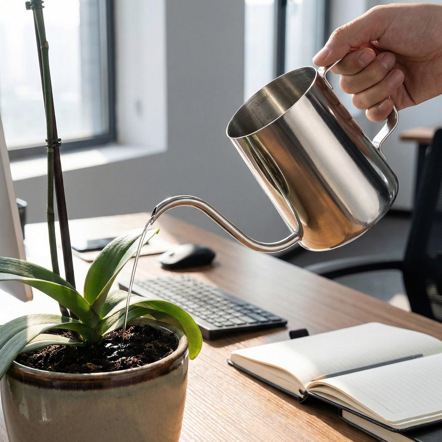 Small Watering Can, OLULU 12oz (350ml) Stainless Steel Indoor Watering Can with Long Spout, Mini Watering Can for Houseplants, Desk & Home Plants
