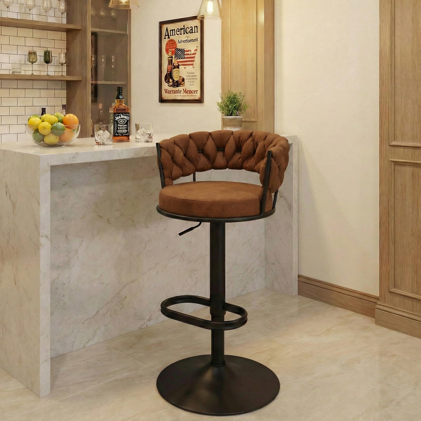 YOUNUOKE Single Swivel Bar Stool, Adjustable Height Counter Stool with Woven Back, Metal Legs & Large Footrest, Cloth Fabric Upholstery for Kitchen Island (Light Brown,1 Pack)