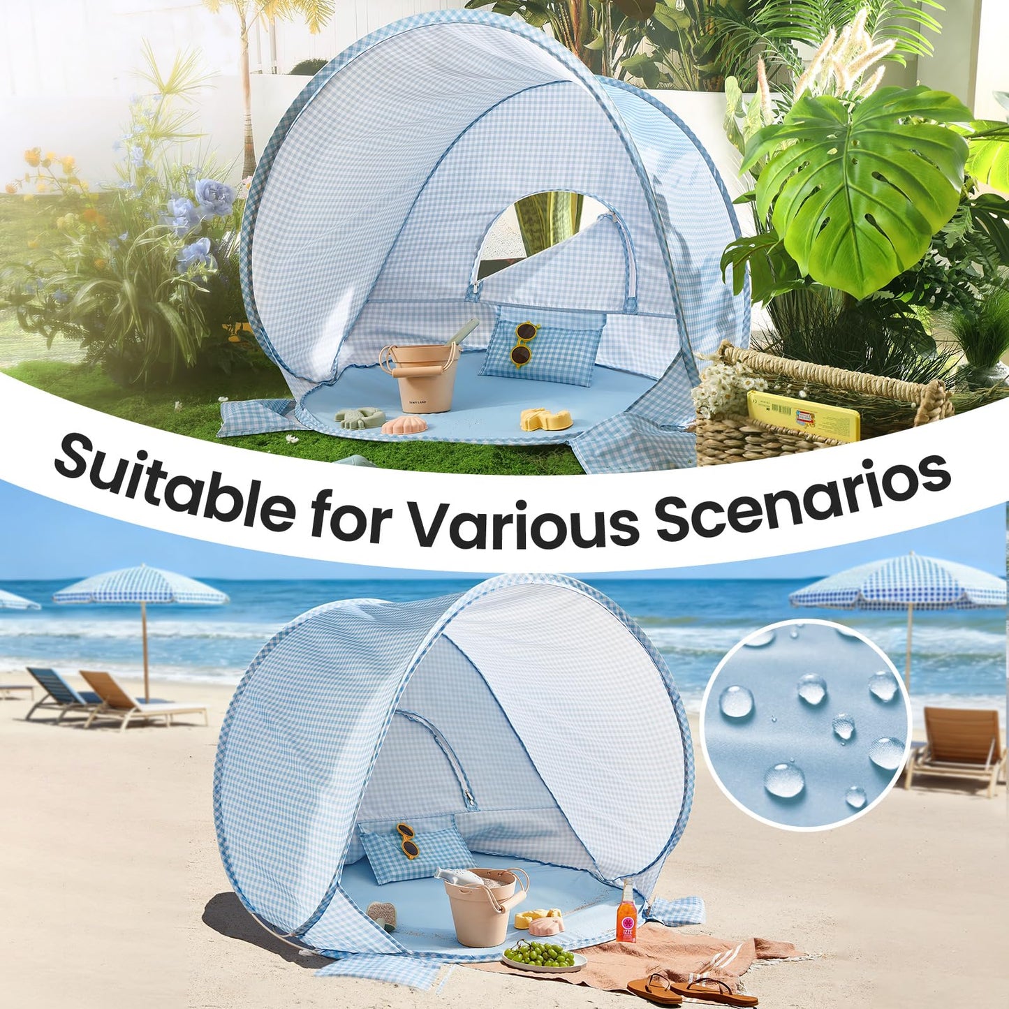 Tiny Land Baby Beach Tent – Pop Up Baby Tent with UV Protection, Portable Baby Beach Essentials, 35.4"x27.6"x31.5" Sun Shelter for Infants, Baby Summer Outdoor Use (Light Blue Gingham)