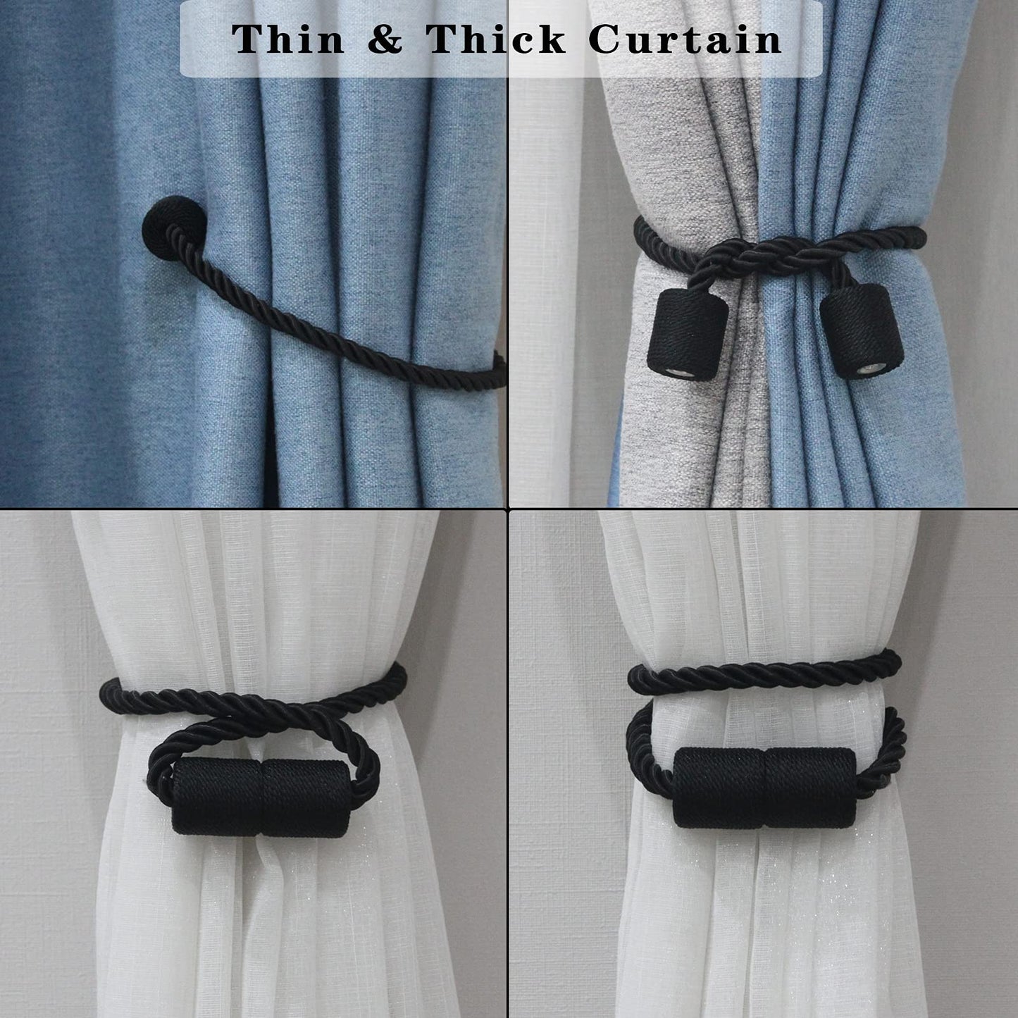Porlau 2 Pack Black Strong Magnetic Curtain Tiebacks Outdoor Elegant Decorative Tie Backs Modern Rope Tiebacks for Drapes Window Curtain Holdbacks for Draperies