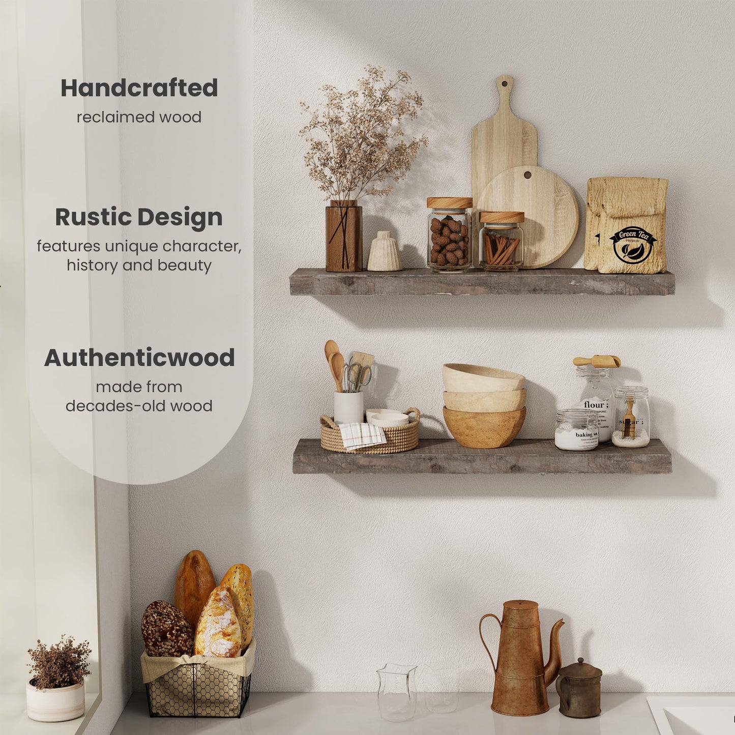FLYJOE Floating Shelves, 8 Inch Deep Rustic Solid Reclaimed Wood Wall Shelves for Storage, Wall Mounted Display Shelving with Invisible Heavy-Duty Metal Bracket, 30 Inch Width Set of 2, Grey
